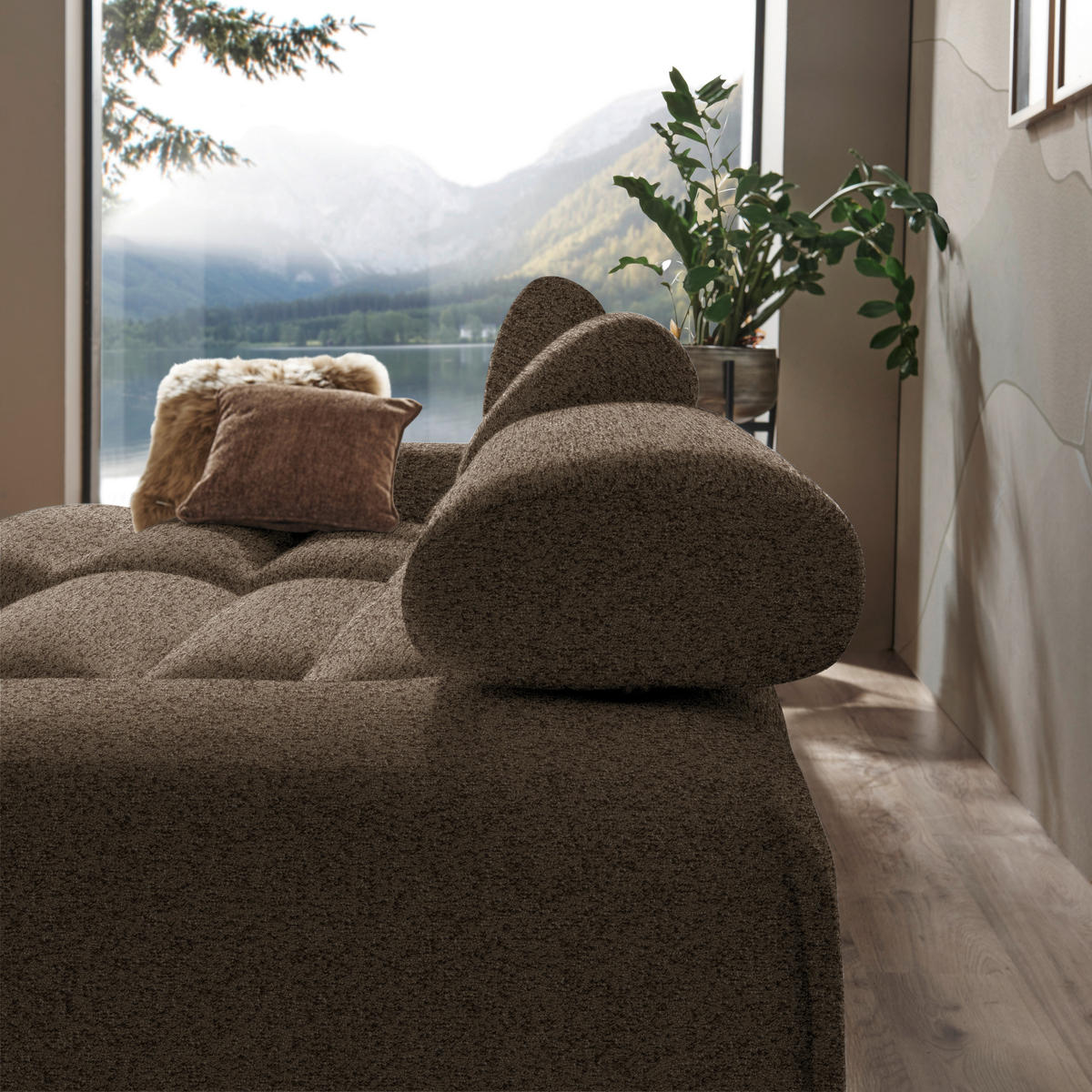 ECKSOFA in Velours Dunkelbraun  150/329 cm  - Dunkelbraun, Natur, Holz/Textil (150/329cm) - Lomoco