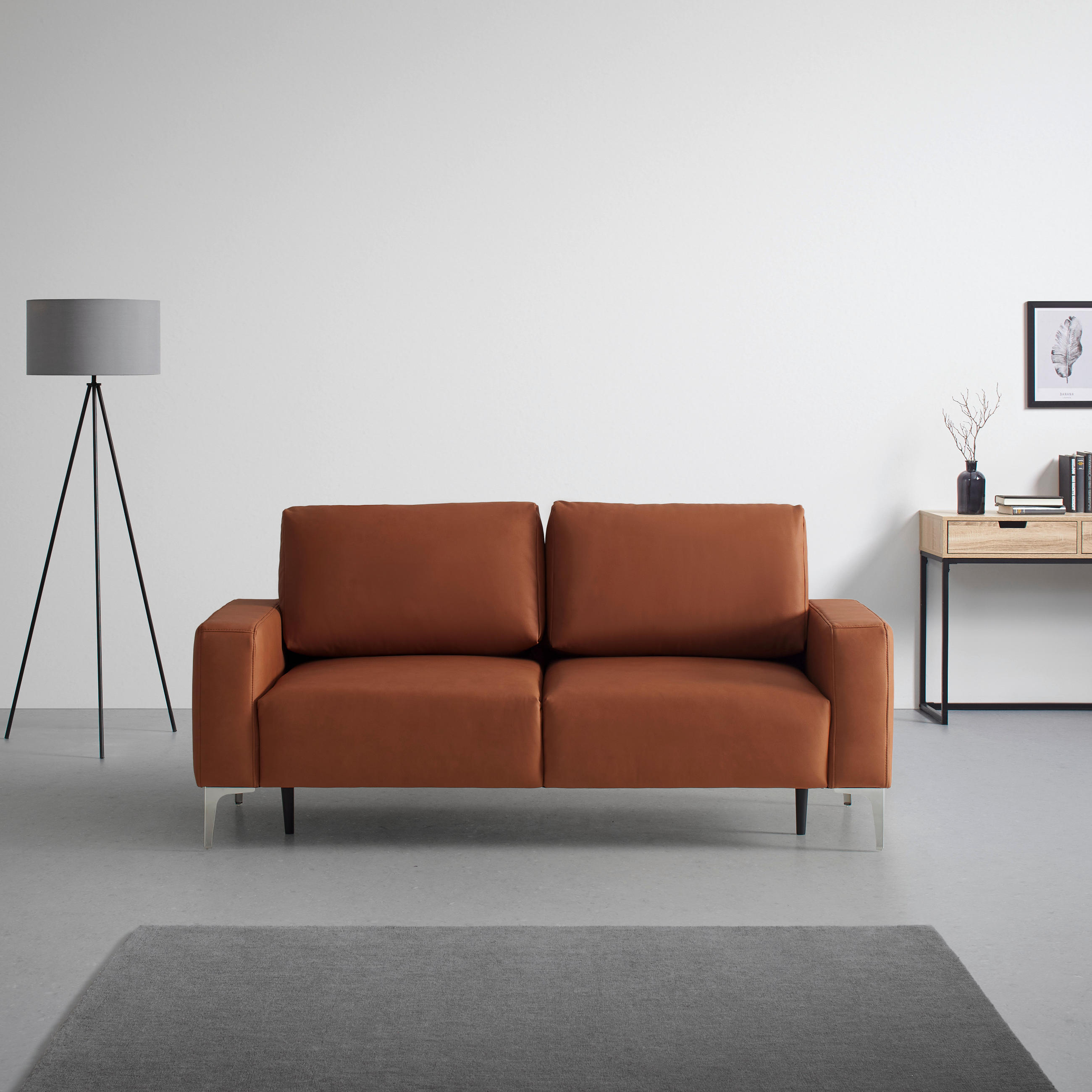 3-SITS SOFFA i läderimitation (vegan) cognacfärgad  - kromfärg/cognacfärgad, Modern, metall/textil (182/85/92cm) - MID.YOU