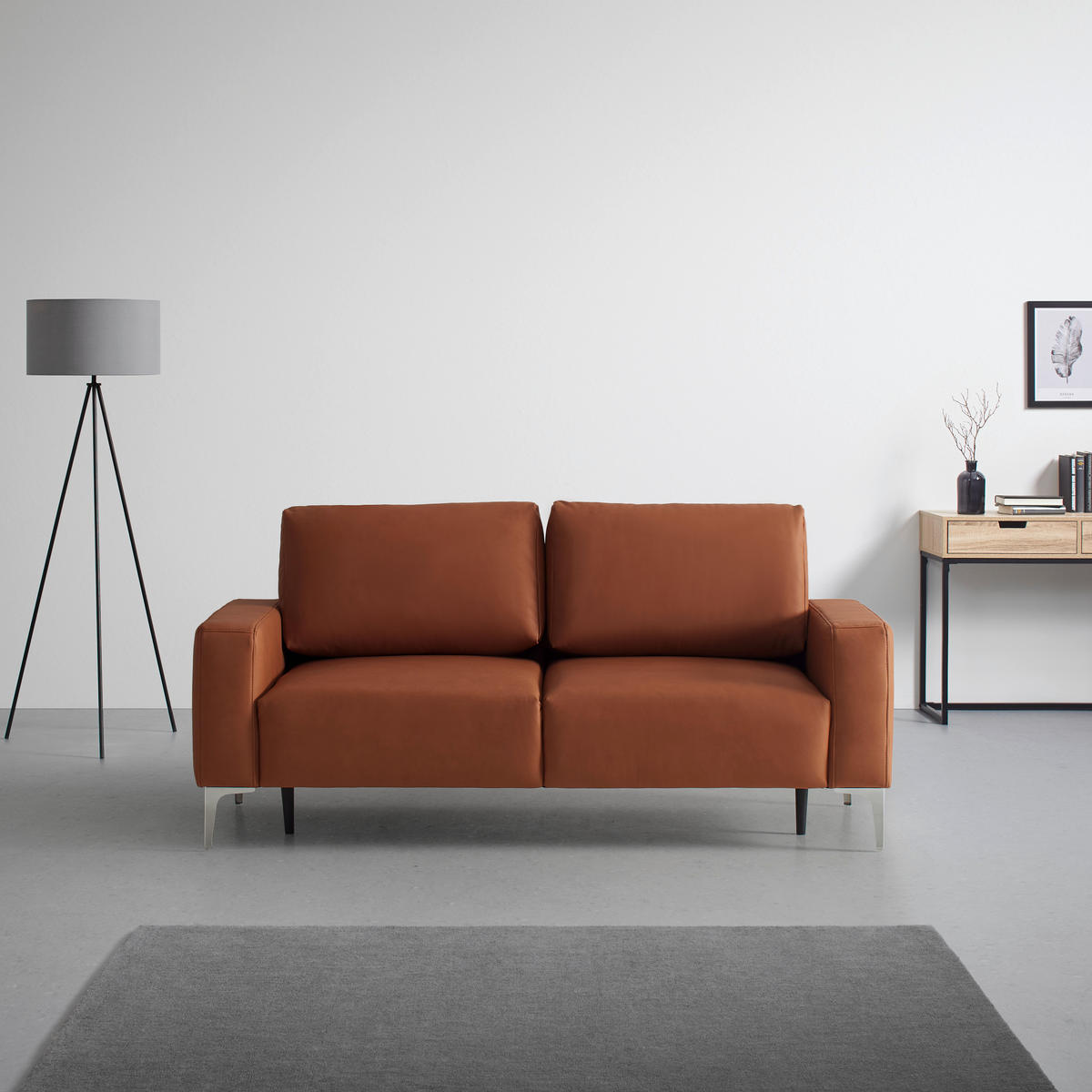 3-SITS SOFFA i läderimitation (vegan) cognacfärgad  - kromfärg/cognacfärgad, Modern, metall/textil (182/85/92cm) - MID.YOU
