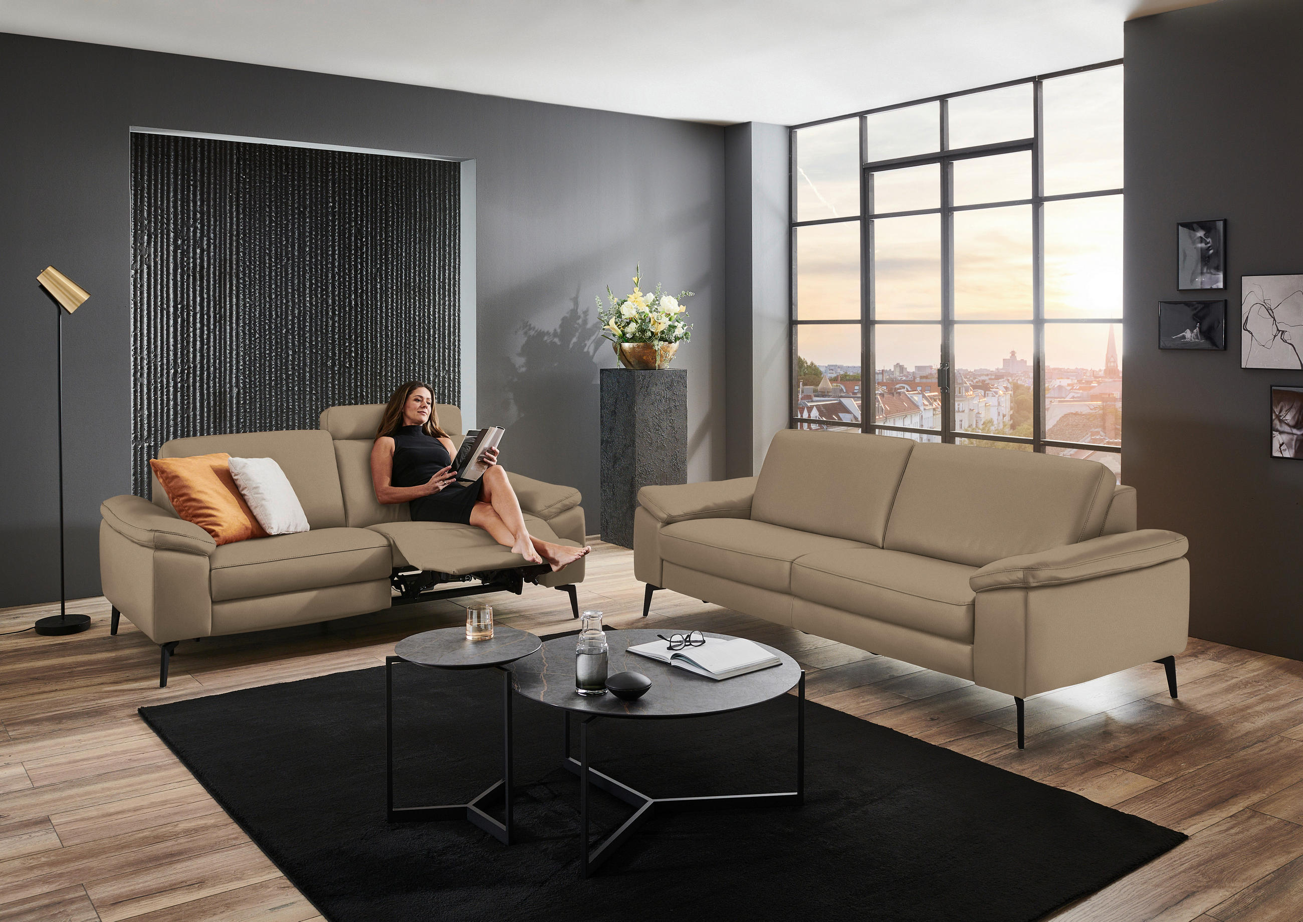 2,5-SITZER in Echtleder Beige  - Beige/Schwarz, Design, Leder/Metall (196/88/100cm) - Valdera