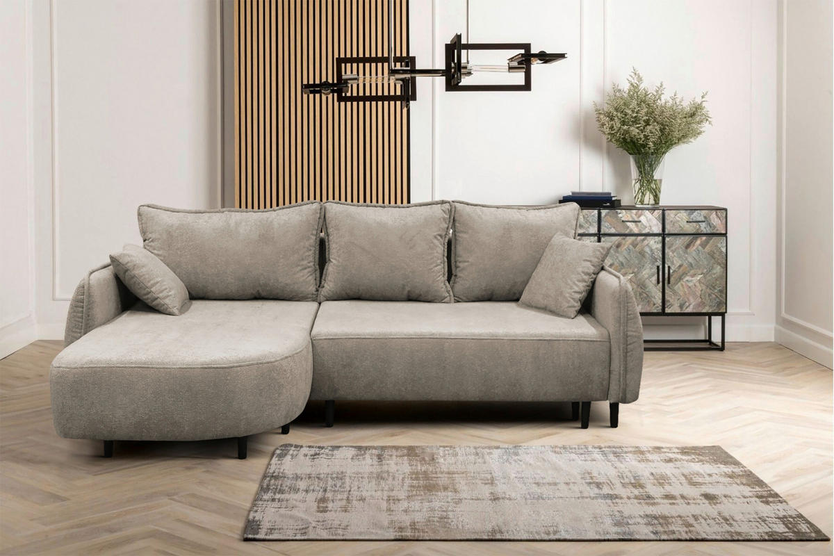 ECKSOFA MURANO Taupe Chenille Zierkissen, Rückenkissen, Bettkasten  - Taupe/Schwarz, Design, Holz/Textil (167/242cm) - MID.YOU