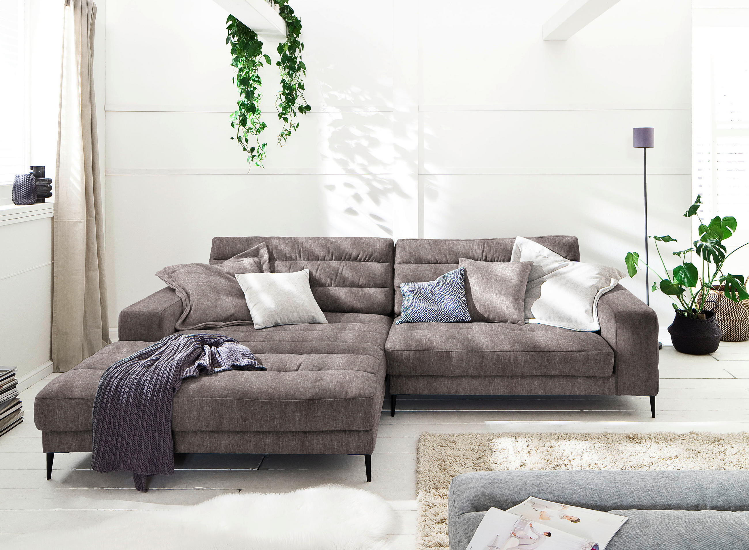ECKSOFA in Flachgewebe Hellbraun  - Hellbraun/Schwarz, Design, Textil/Metall (207/296cm) - Dieter Knoll