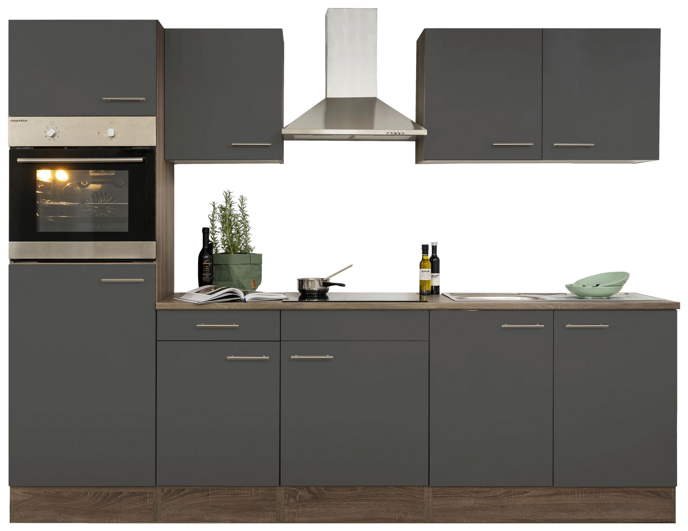 KÜCHENBLOCK 270 cm Grau E-Geräte, Spüle, Dunstabzug, Ab- und Überlaufgarnitur   - Edelstahlfarben/Eichefarben, Design, Metall (270cm) - Respekta