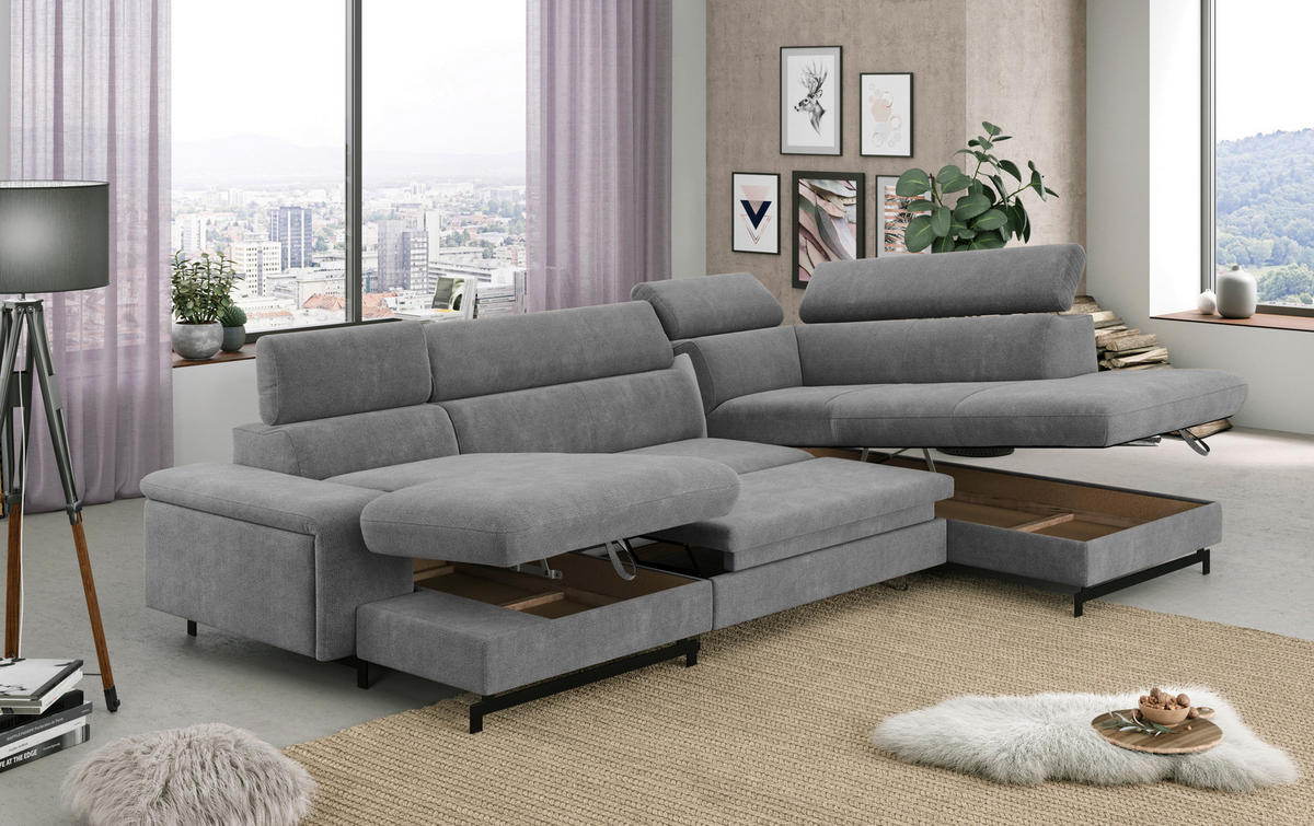 WOHNLANDSCHAFT Grau Chenille  - Schwarz/Grau, Textil/Metall (165/328/215cm) - MID.YOU