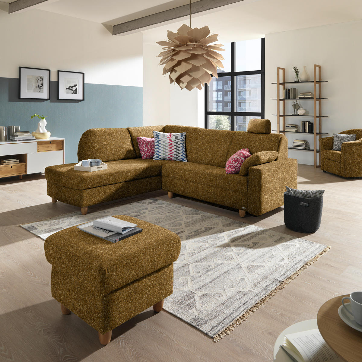 ECKSOFA  in Mikrovelours Senfgelb  208/227 cm  - Eichefarben/Rot, KONVENTIONELL, Holz/Textil (208/227cm) - Sedda