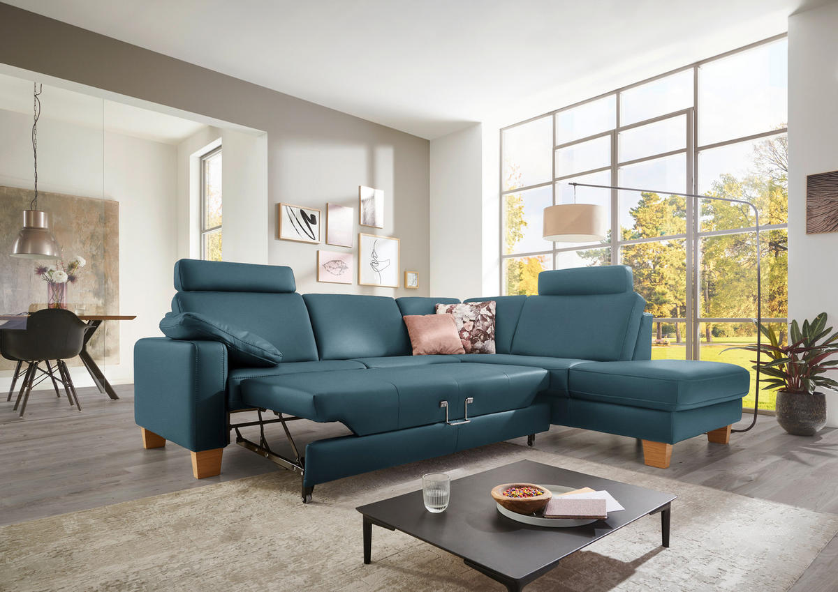 ECKSOFA in Echtleder Blau  - Blau/Eiche Bianco, Konventionell, Leder/Holz (257/235cm) - Valdera