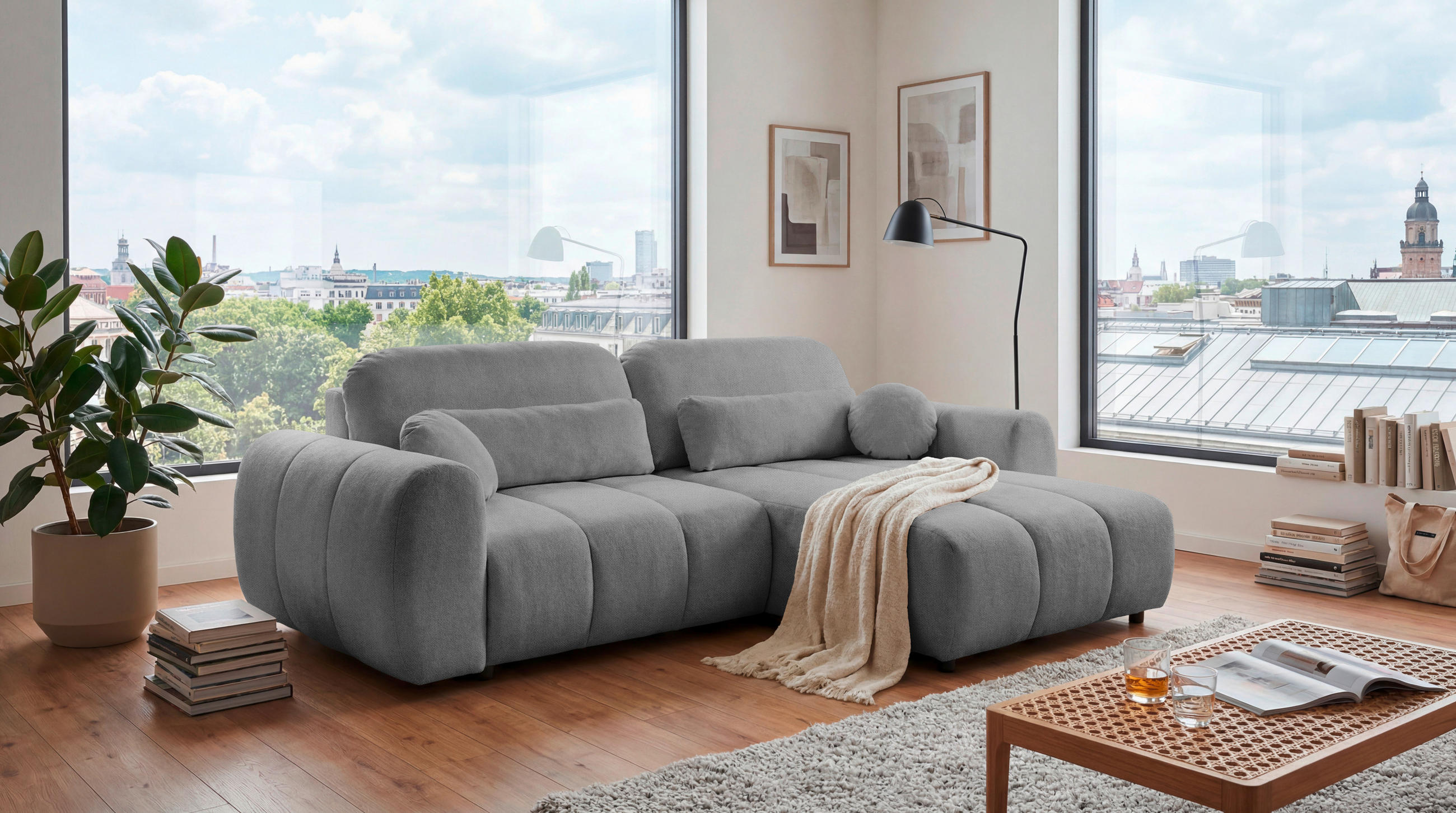 ECKSOFA Webstoff Grau  - Schwarz/Grau, Design, Kunststoff/Textil (260/192cm) - MID.YOU