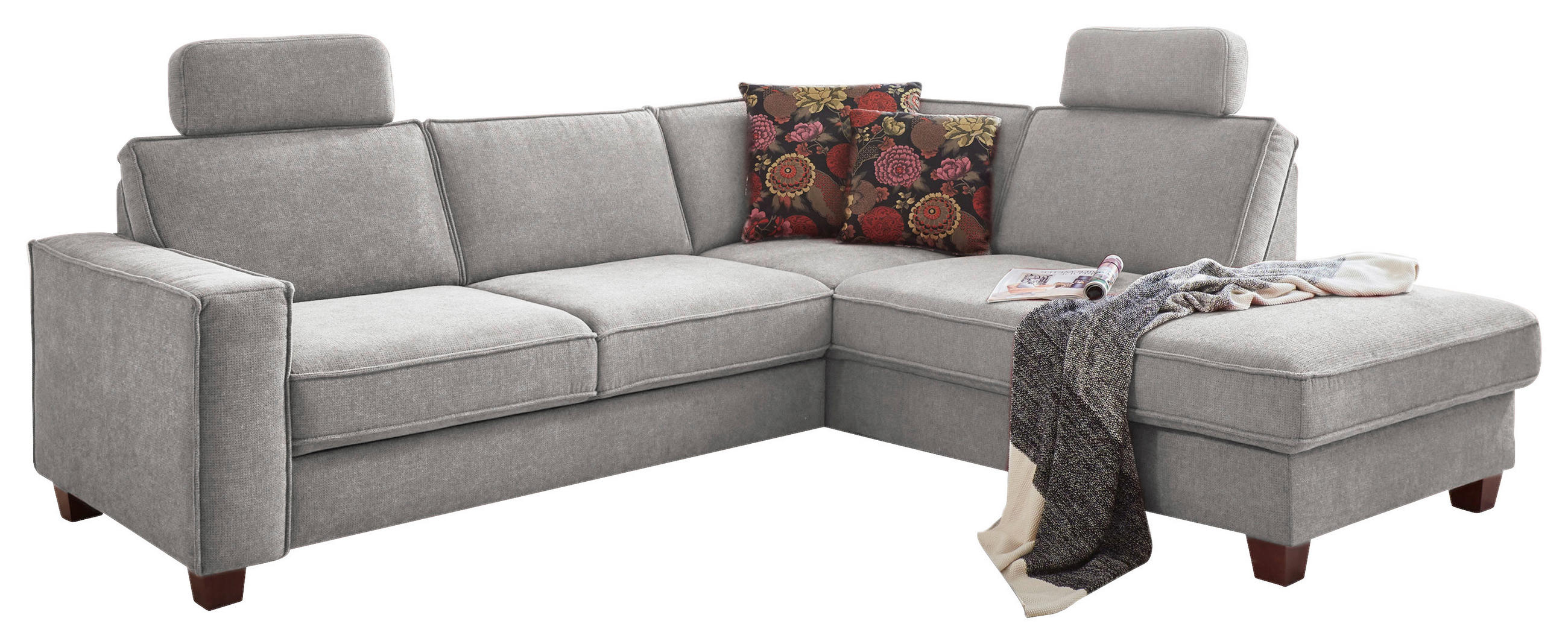 ECKSOFA in Chenille, Flachgewebe Hellgrau  236/213 cm  - Nussbaumfarben/Hellgrau, KONVENTIONELL, Holz/Textil (236/213cm) - Sit & More