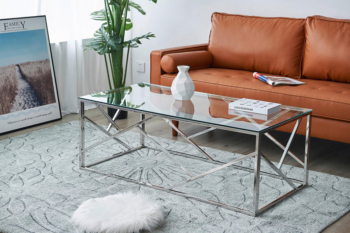KONFERENČNÝ STOLÍK, číra, strieborná, kov, sklo, 120/60/45 cm - číra/strieborná, Design, kov/sklo (120/60/45cm) - Livetastic