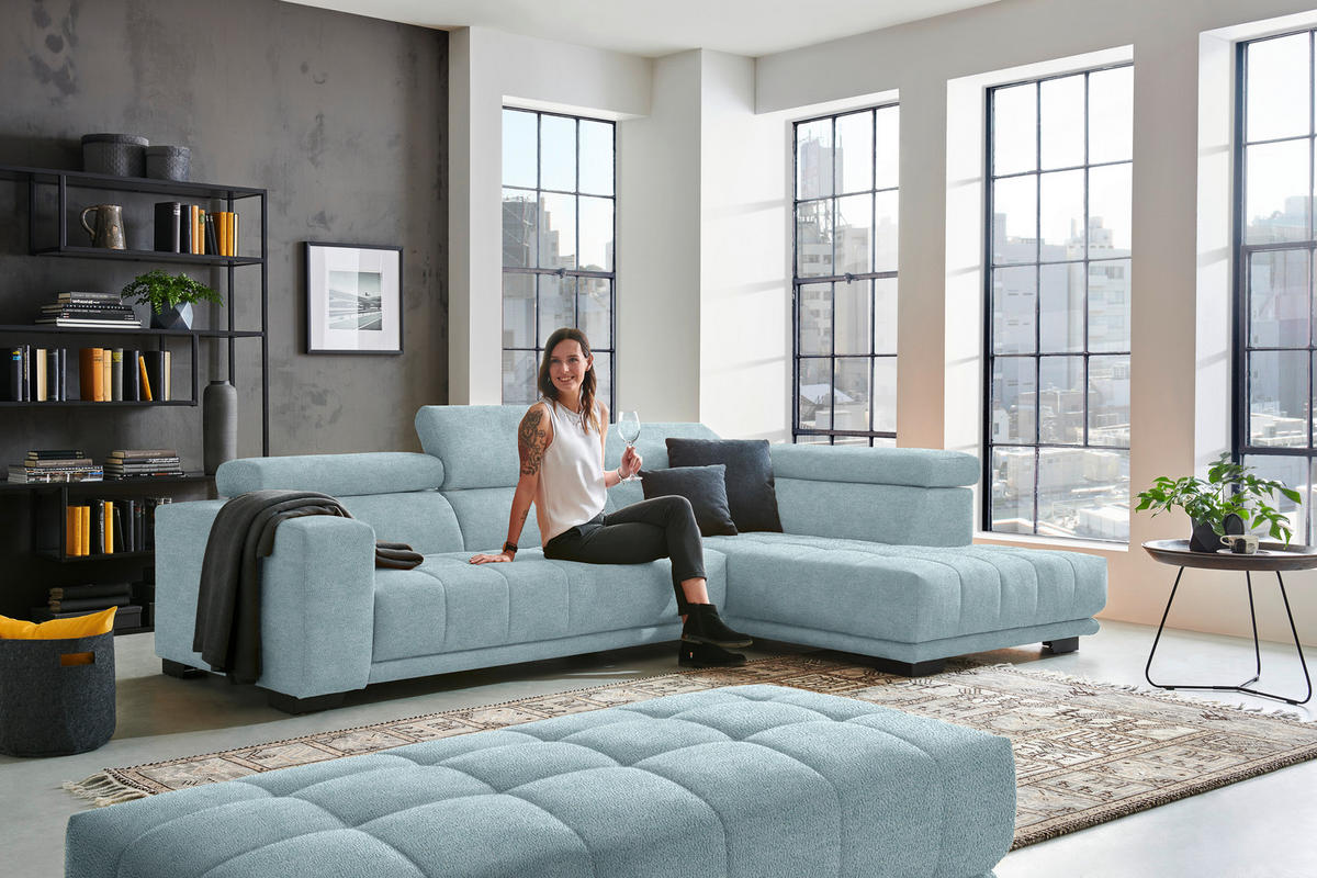ECKSOFA in Mikrofaser Hellblau  301/207 cm  - Schwarz/Hellblau, Design, Textil/Metall (301/207cm) - Xora