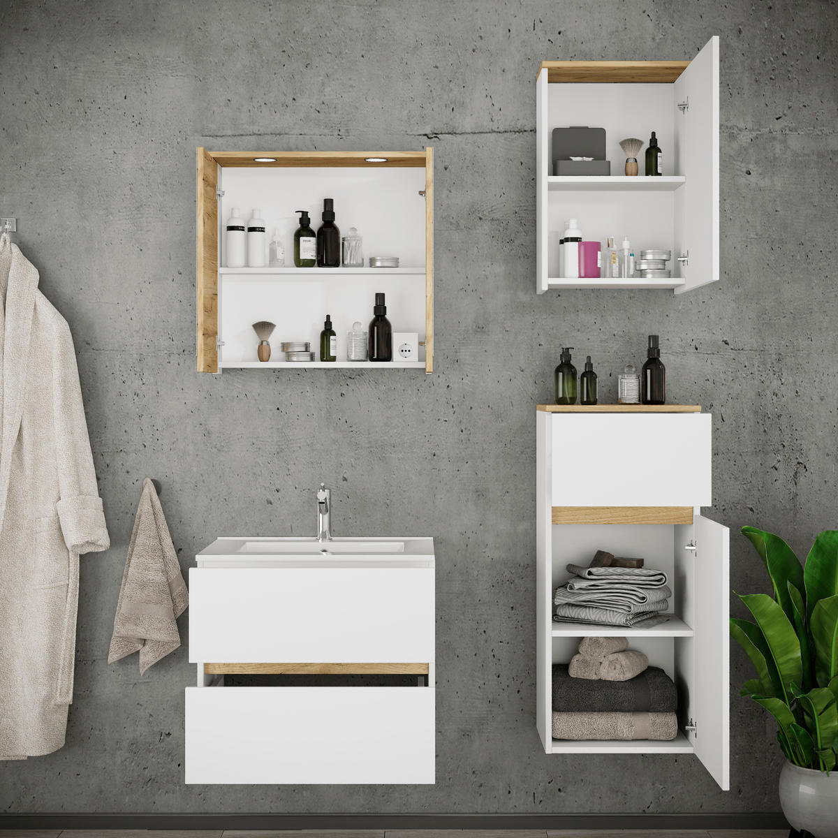 BADEZIMMER 5-teilig 101 cm  - Honigeiche/Weiss, Trend, Keramik/Holzwerkstoff (101cm) - MID.YOU