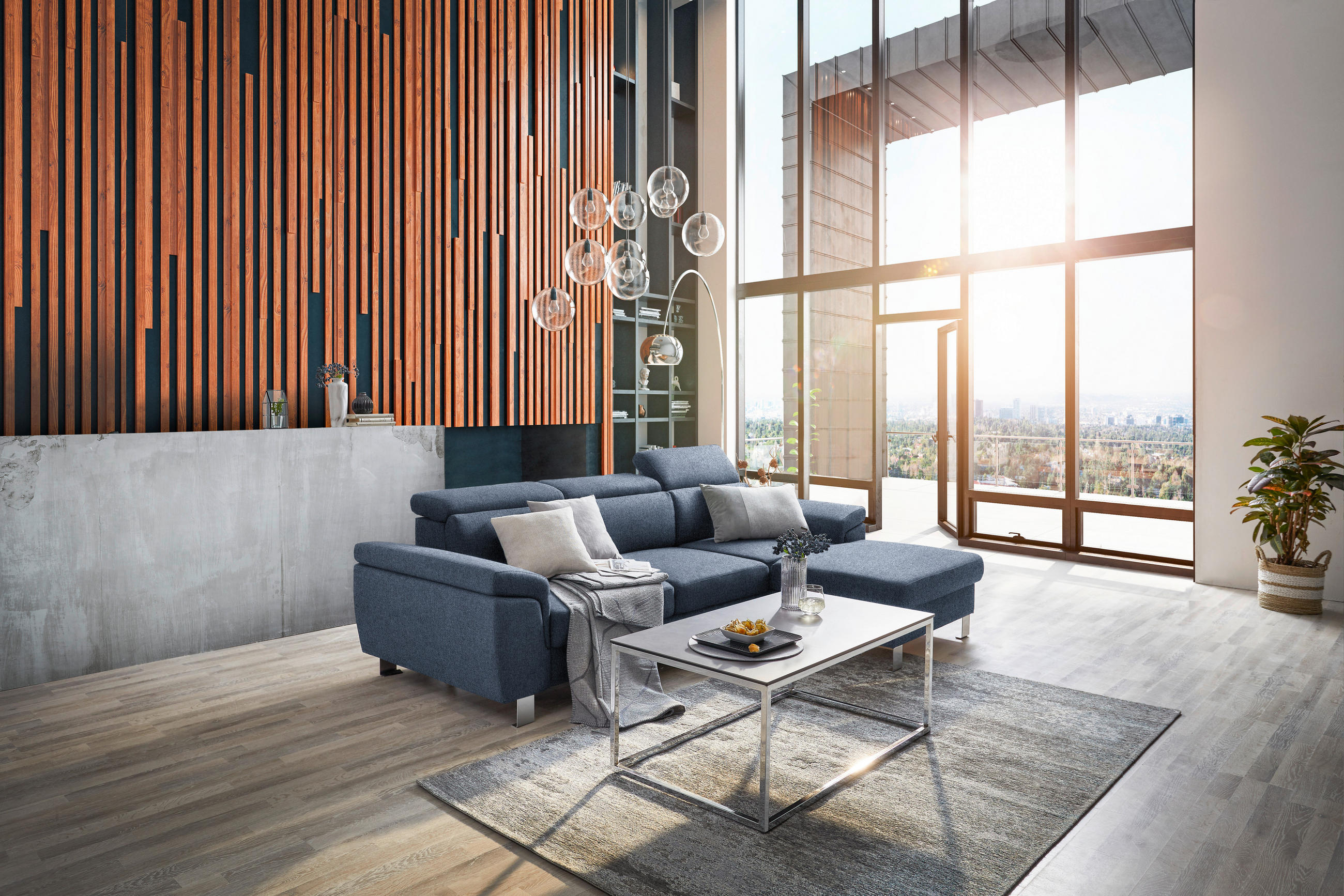 ECKSOFA inkl. Funktionen Blau Webstoff  - Blau/Silberfarben, Design, Textil/Metall (250/167cm) - Xora