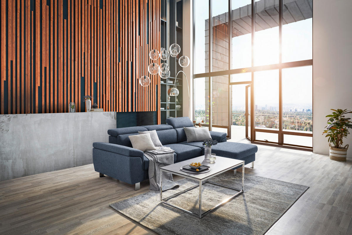 ECKSOFA inkl. Funktionen Blau Webstoff  - Blau/Silberfarben, Design, Textil/Metall (250/167cm) - Xora
