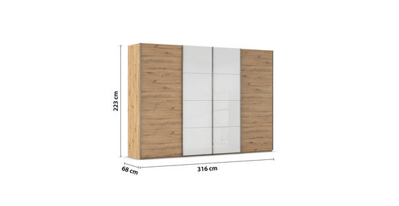 SCHWEBETÜRENSCHRANK 316/223/68 cm 4-türig Weiß, Eiche Artisan - Chromfarben/Weiß, KONVENTIONELL, Glas/Holzwerkstoff (316/223/68cm) - Novel