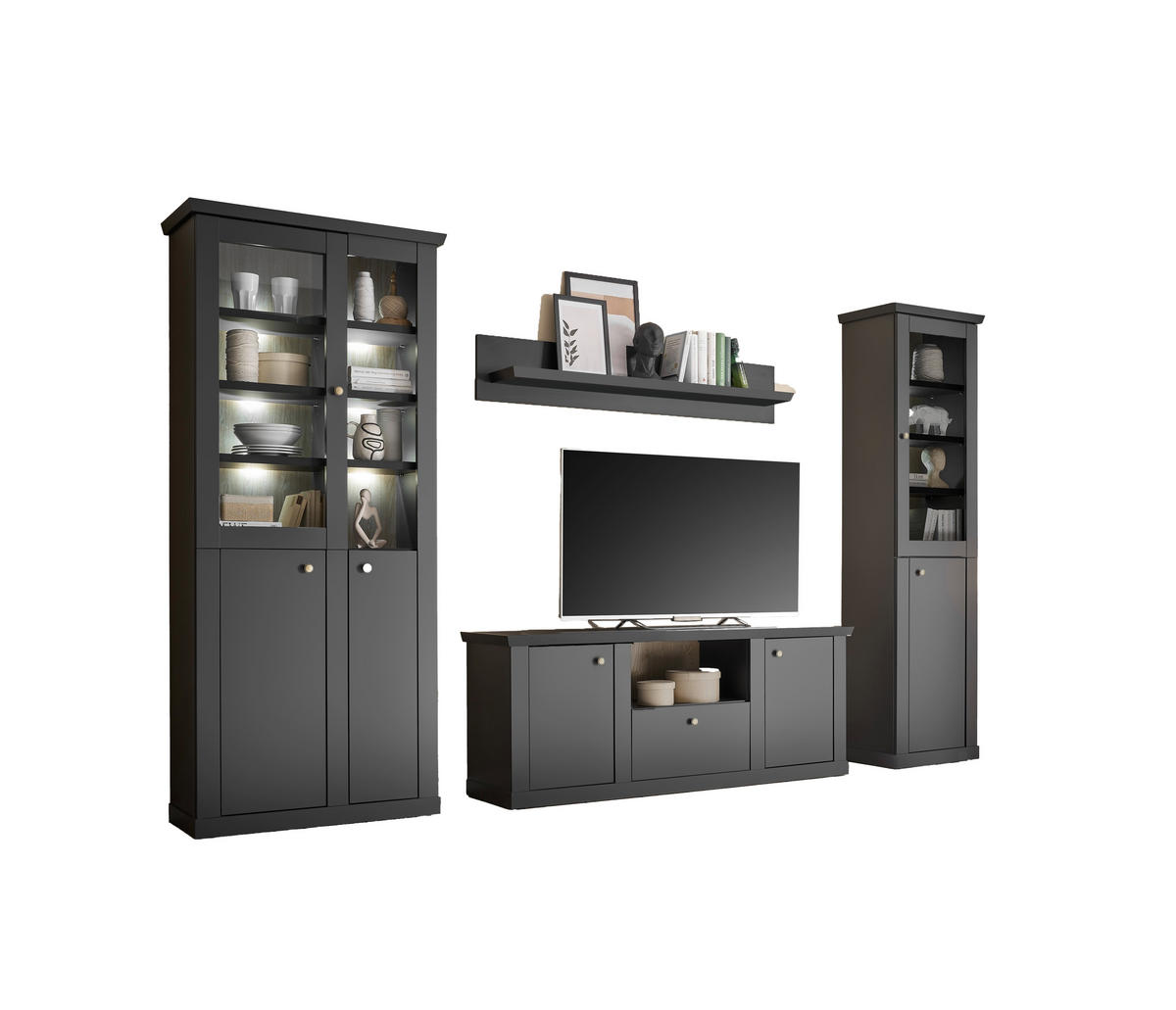 WOHNWAND 4-teilig  in Schwarz, Eichefarben  319/200/42 cm  - Eichefarben/Messingfarben, Design, Holzwerkstoff/Metall (319/200/42cm) - MID.YOU