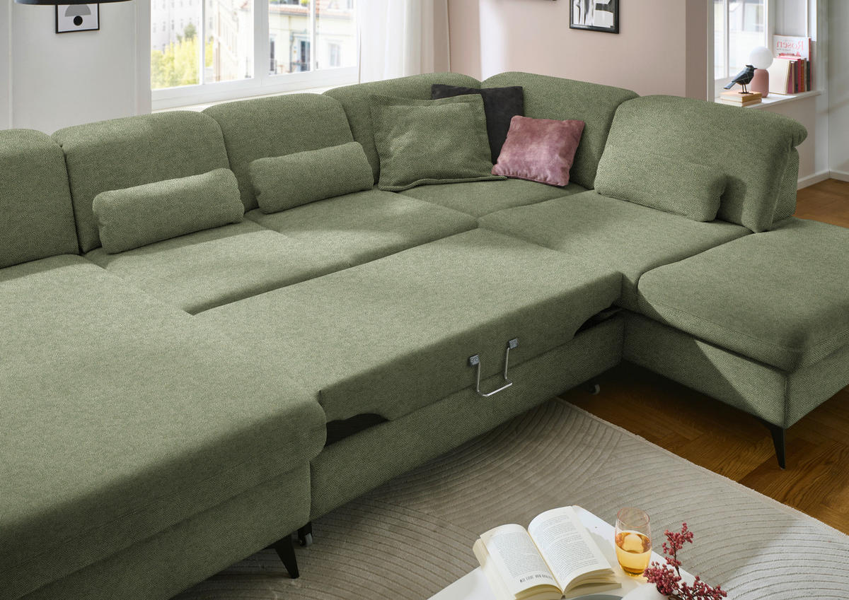 WOHNLANDSCHAFT  in Chenille Olivgrün  - Schwarz/Olivgrün, Design, Textil/Metall (198/364/255cm) - Beldomo Style