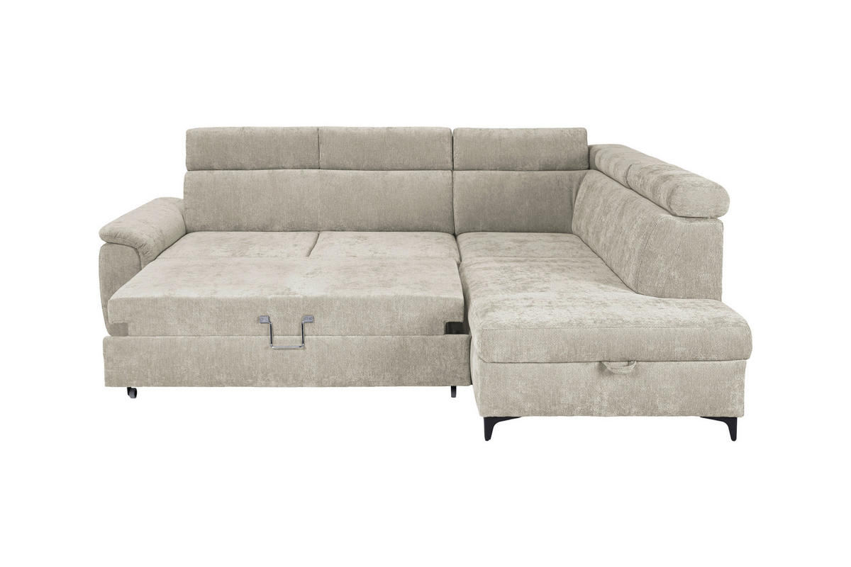 ECKSOFA Naturfarben Chenille Bettkasten, Schlaffunktion, Rücken echt, Kopfteilverstellung, Liegefläche im Originalstoff  - Schwarz/Naturfarben, KONVENTIONELL, Textil/Metall (265/206cm) - Carryhome