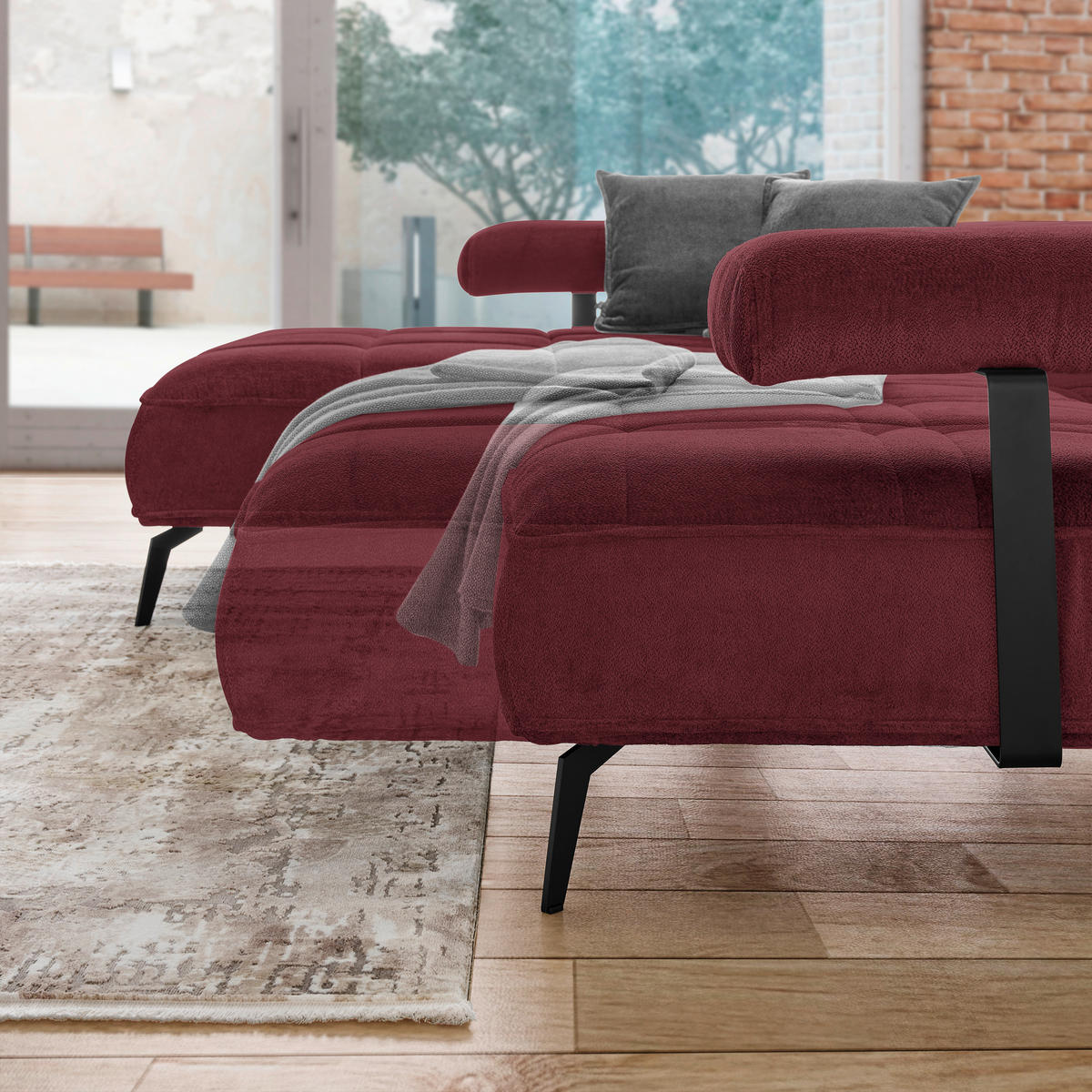 ECKSOFA in Webstoff Bordeaux  - Bordeaux/Schwarz, Design, Textil/Metall (180/266cm) - Welnova