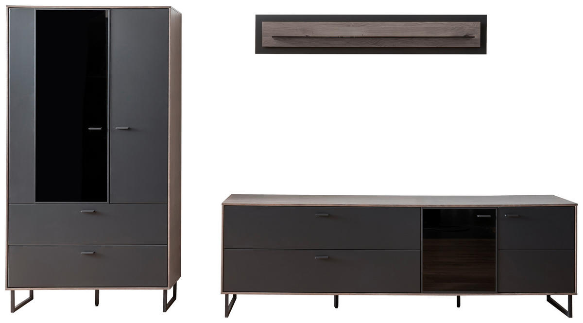 WOHNWAND  in Schwarz, Eichefarben  321/185/50 cm  - Eichefarben/Anthrazit, Design, Glas/Holz (321/185/50cm) - MID.YOU