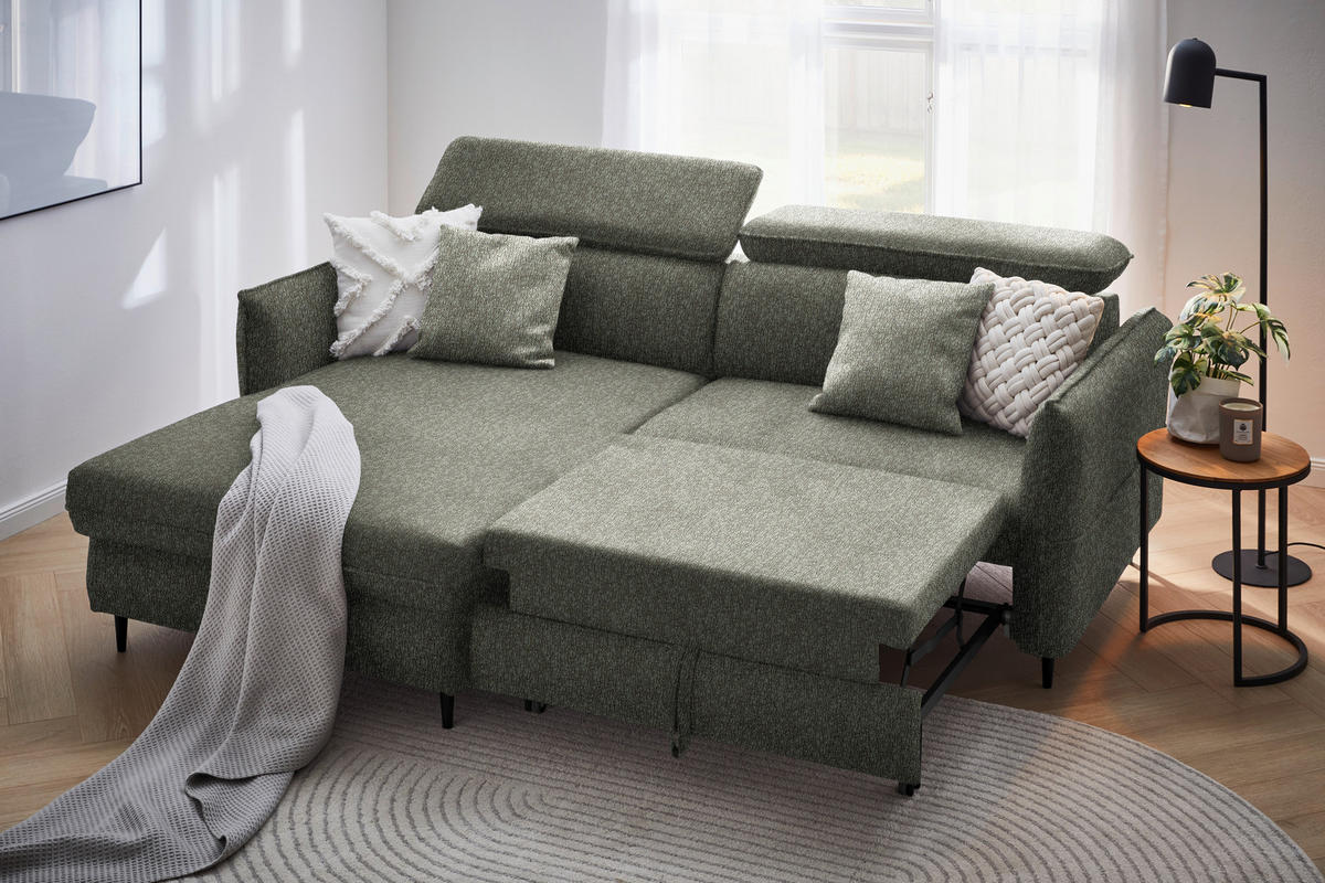 ECKSOFA in Struktur Hellgrau, Grün  - Hellgrau/Schwarz, Design, Holz/Textil (185/232cm) - Stylife