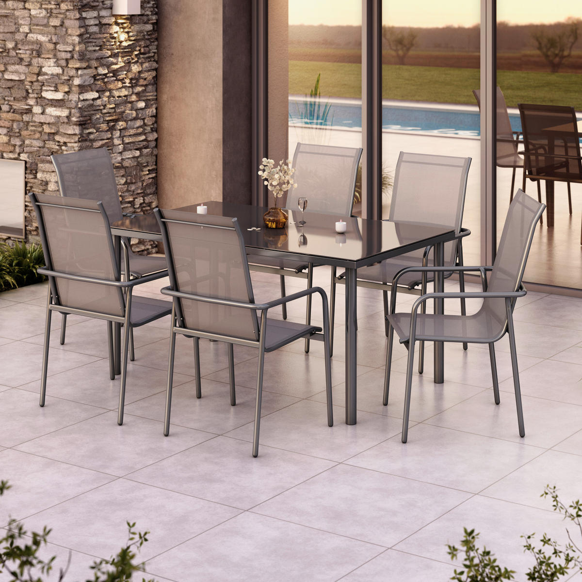 GARTENTISCHGRUPPE Webstoff Stahl  - Grau, MODERN, Glas/Textil (284/204/100cm) - Ambia Garden