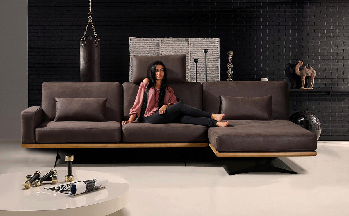 ECKSOFA Braun Flachgewebe  - Schwarz/Braun, Natur, Holz/Textil (326/170cm) - Novel