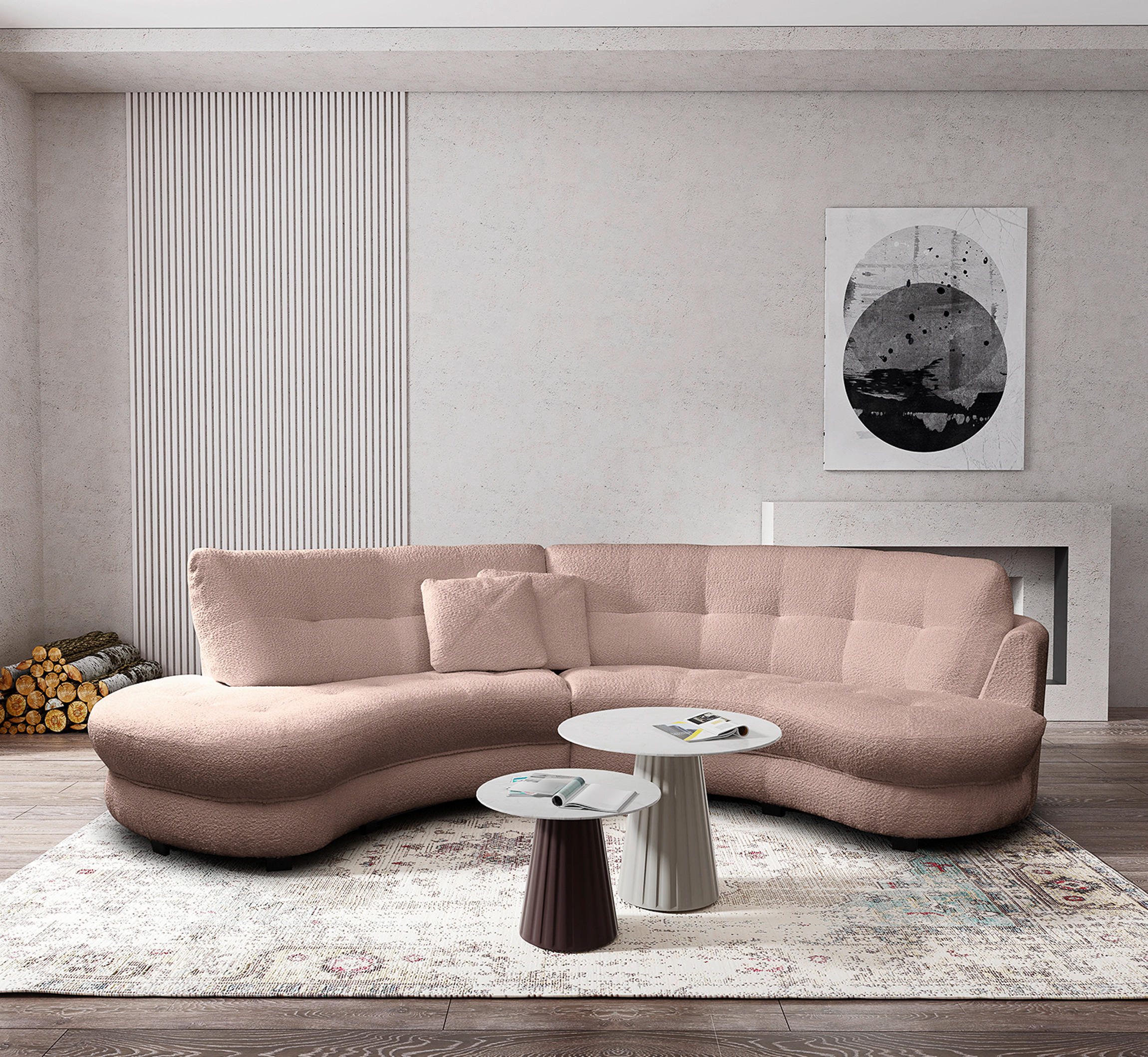 ECKSOFA Rundform  Rosa Bouclé  - Schwarz/Rosa, Design, Kunststoff/Textil (113/300cm) - Livetastic