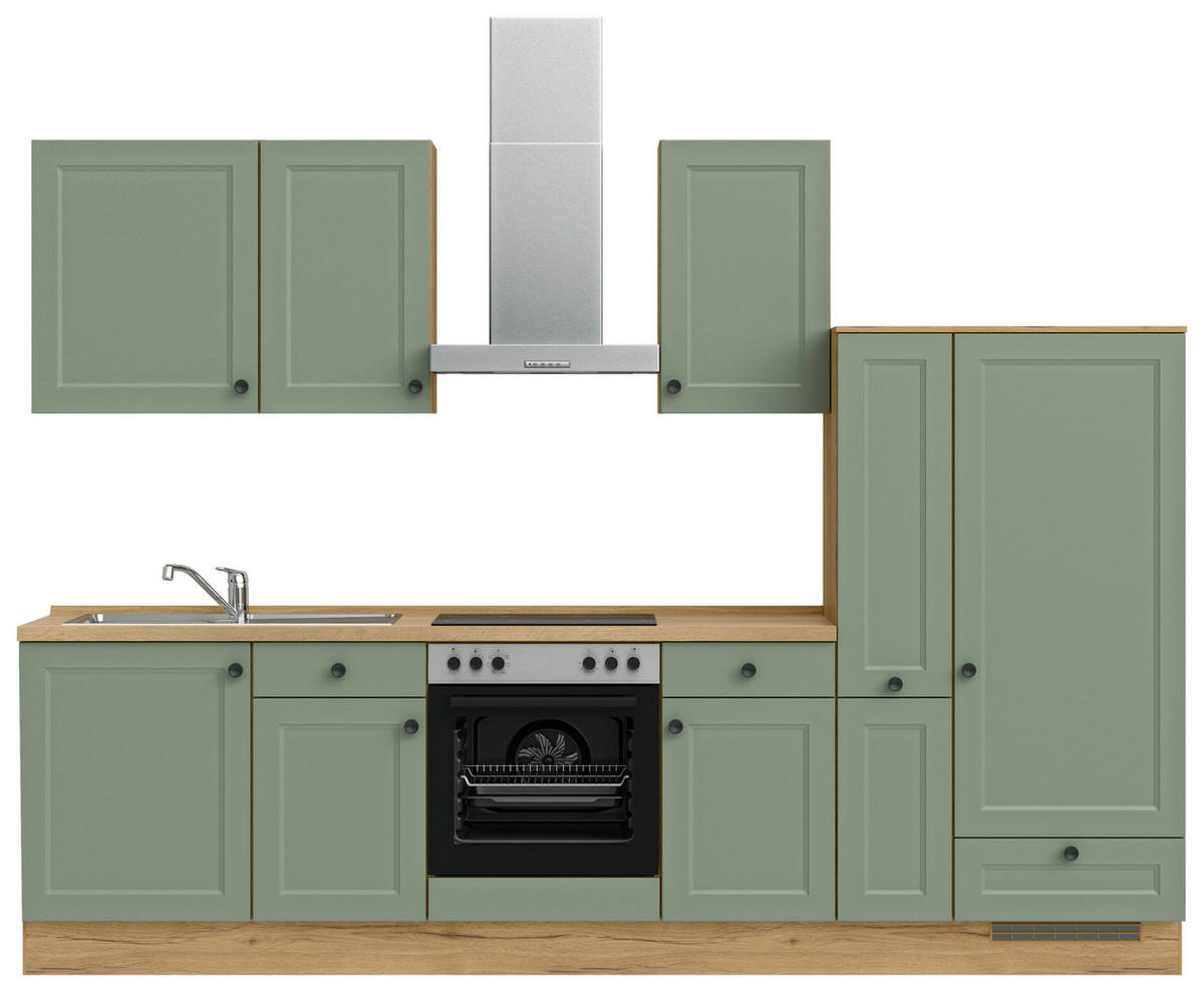 BUCĂTĂRIE FĂRĂ ELECTROCASNICE  - verde/culoare lemn stejar, Modern, metal/material pe bază de lemn (300cm) - Nobilia