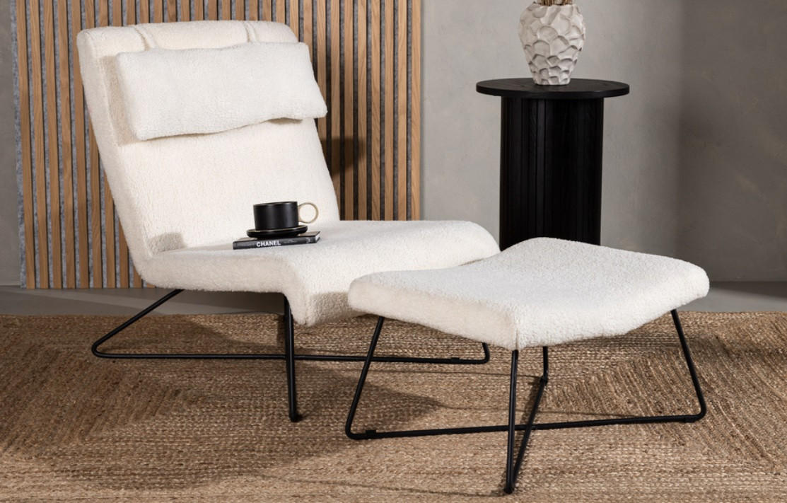 FÅTÖLJ MED FOTPALL i metall, textil vit  - vit/svart, Design, metall/textil (65/88/31cm) - Best Price