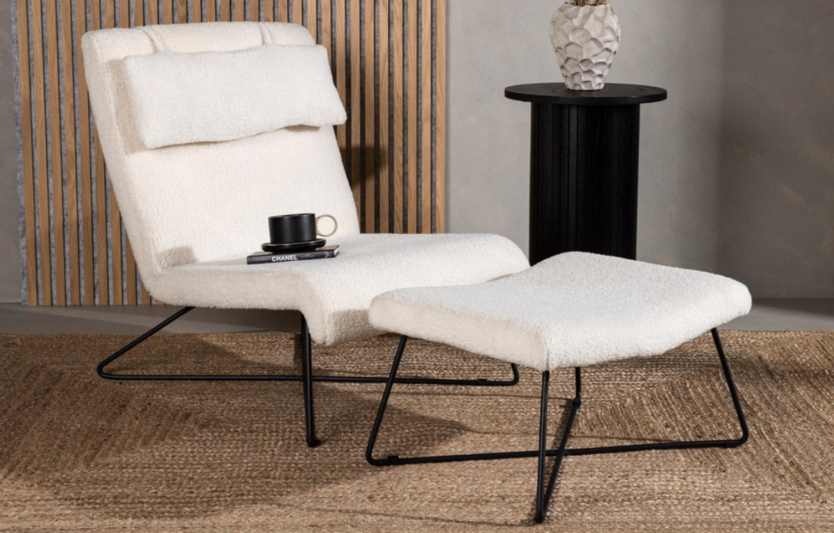 FÅTÖLJ MED FOTPALL i textil, metall vit  - vit/svart, Design, metall/textil (65/88/31cm) - Best Price