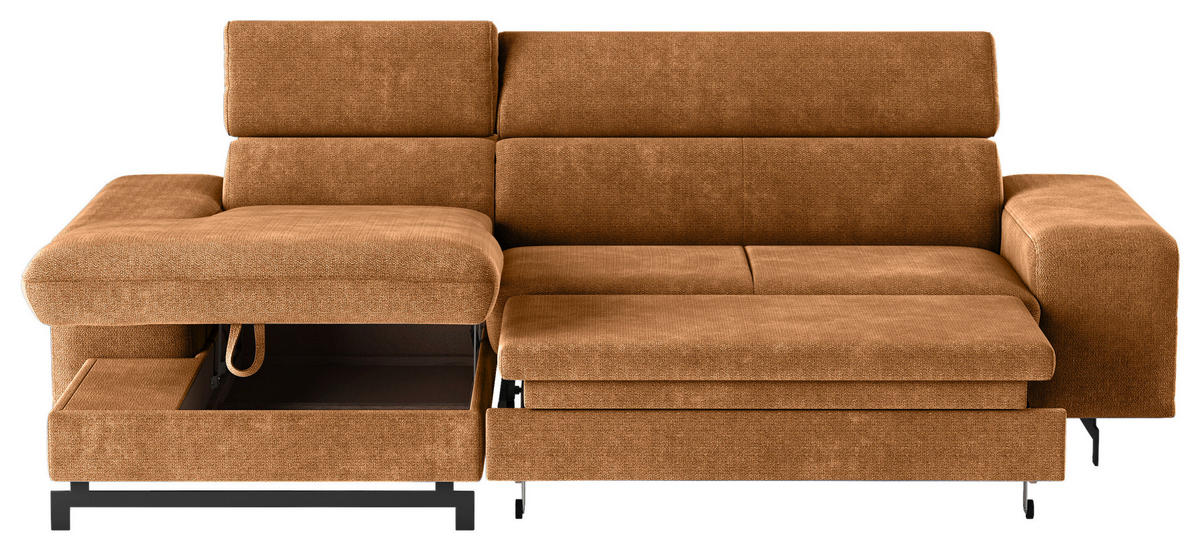 Ecksofa mit Bettkasten Emma in Chenille Cognac  - Cognac/Schwarz, Textil/Metall (165/267cm) - MID.YOU