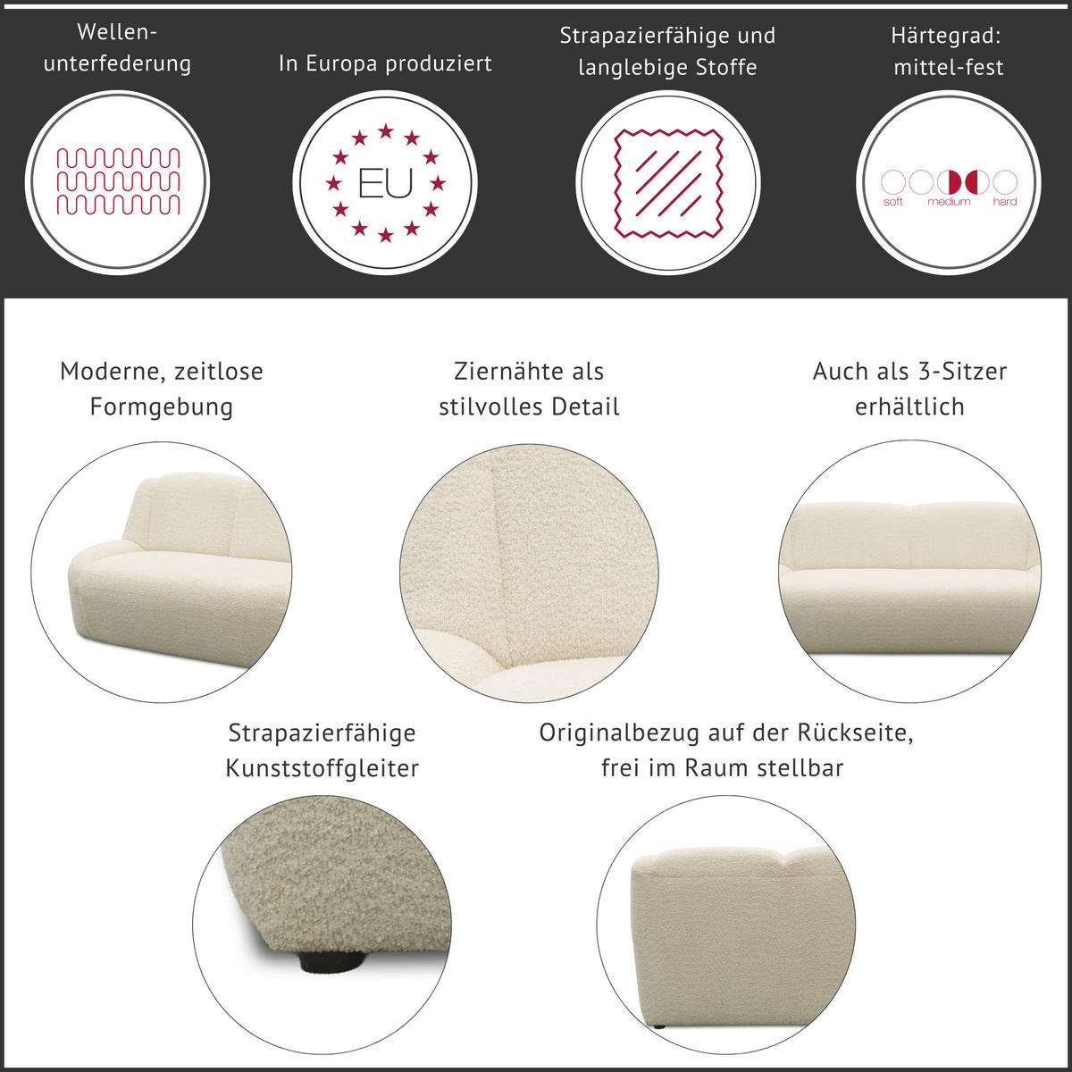 2-SITZER-SOFA 100 034 Chenille Graphitfarben  - Creme/Schwarz, MODERN, Kunststoff/Textil (147/82/93cm) - Livetastic