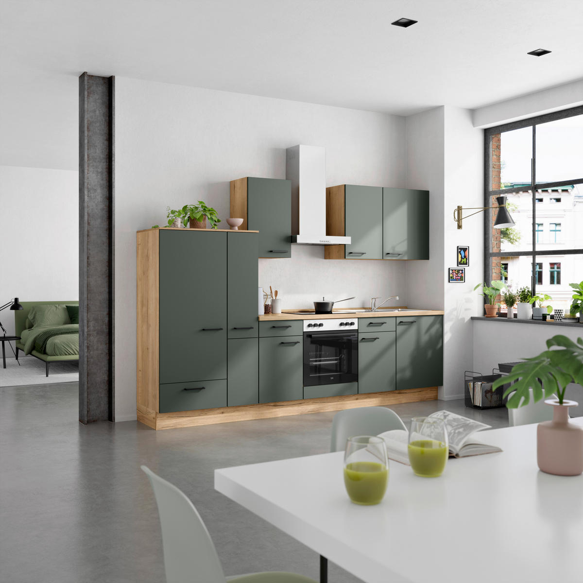 KÜCHENBLOCK Easytouch 300 cm  in Eichefarben, Dunkelgrün  - Dunkelgrün/Eichefarben, MODERN, Holzwerkstoff/Metall (300cm) - Nobilia