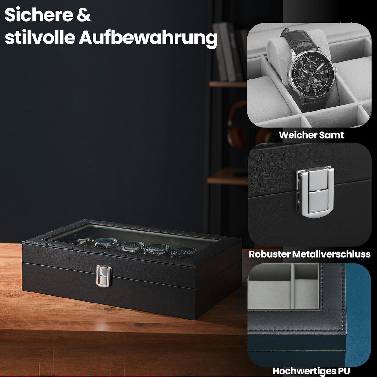 UHRENBOX - Schwarz, Basics, Glas/Holzwerkstoff (30,2/7,8/20,2cm)