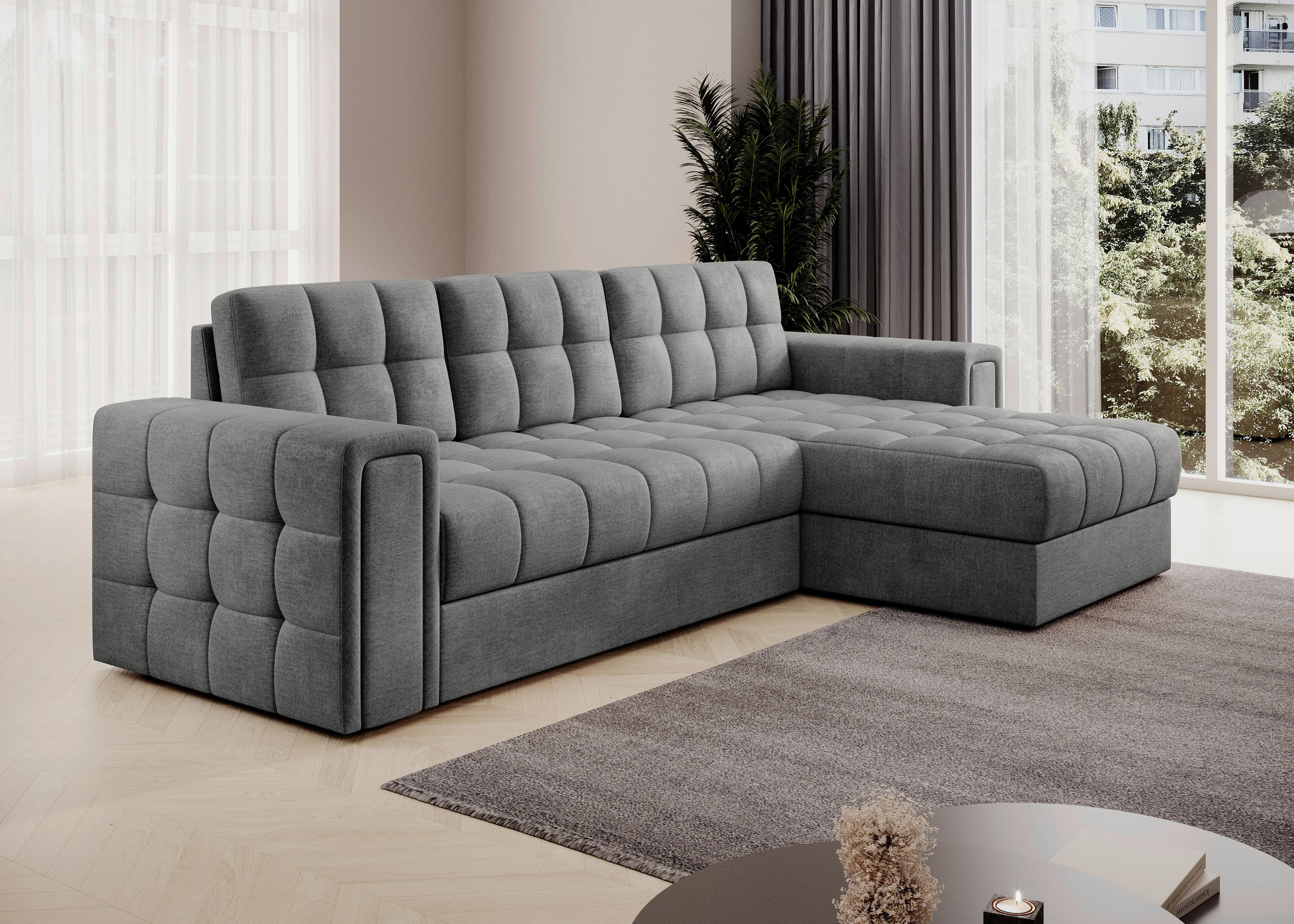 ECKSOFA Samt Grau  - Schwarz/Grau, Design, Kunststoff/Textil (260/150cm) - MID.YOU
