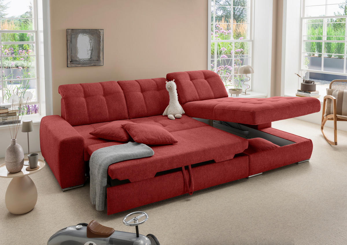 ECKSOFA Chenille Rot  - Chromfarben/Rot, Konventionell, Textil/Metall (283/186cm) - Livetastic