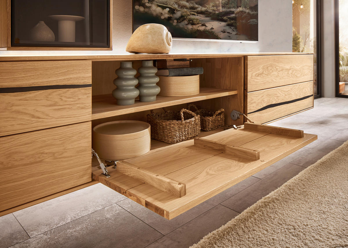 WOHNWAND 3-teilig  in Braun, Schwarz, Eichefarben  280/195/50 cm  - Eichefarben/Schwarz, Natur, Glas/Holz (280/195/50cm) - Waldwelt