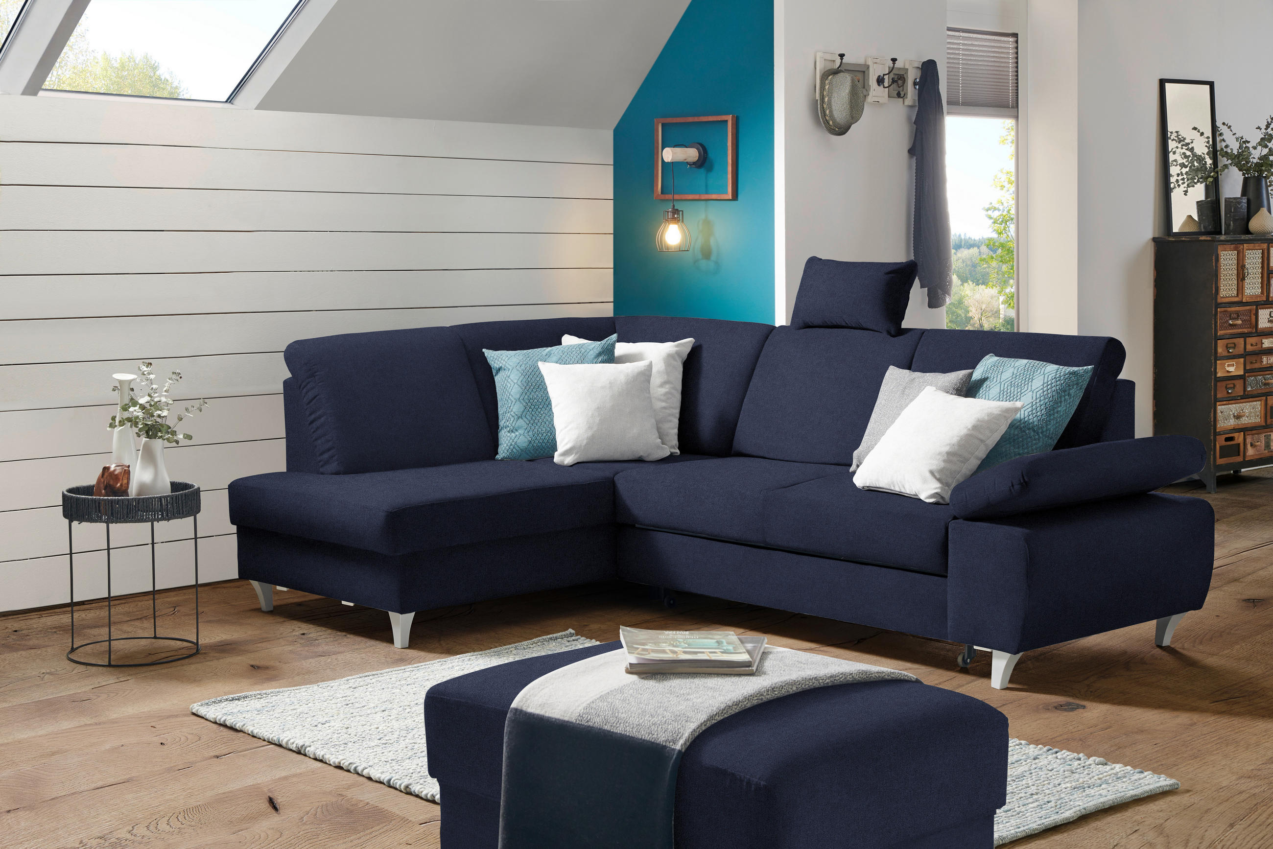 ECKSOFA in Flachgewebe Dunkelblau  - Silberfarben/Dunkelblau, Konventionell, Holz/Textil (186/255cm) - Cantus