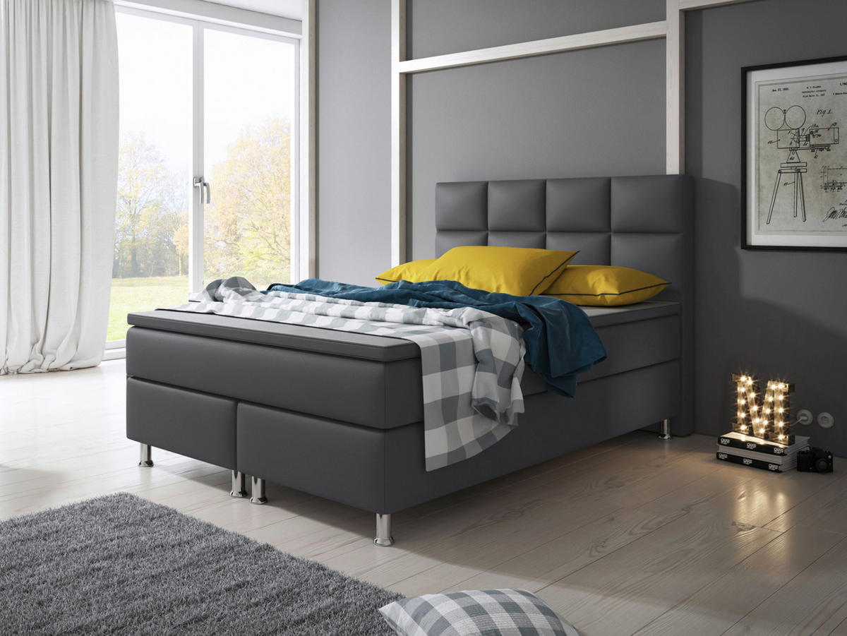 BOXSPRINGBETT  in Anthrazit, Matratze, gepolstertes Kopfteil, Topper, Matratzen, H3 + H3 = fest  - Anthrazit/Silberfarben, KONVENTIONELL, Leder/Textil (140/115/210cm) - MID.YOU