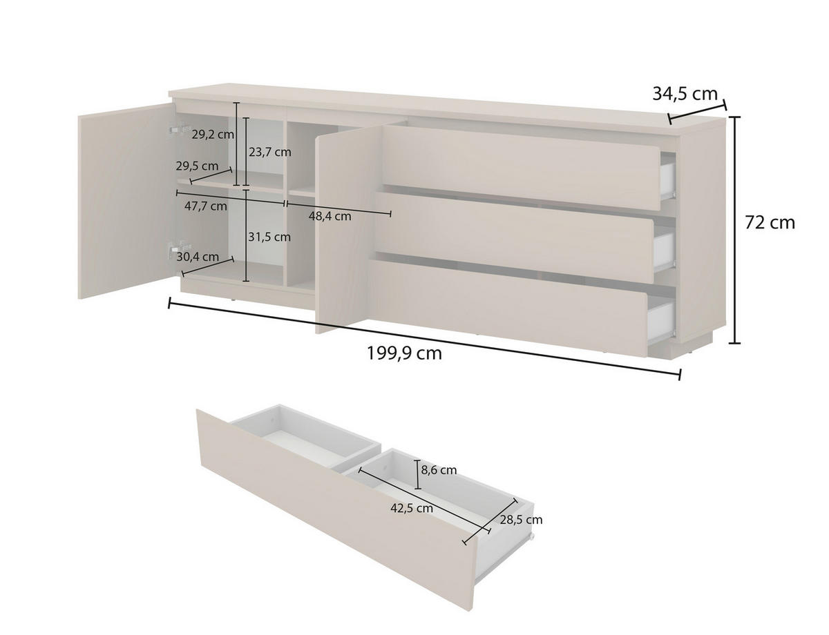 SIDEBOARD Bilbao  in 200/72/34,5 cm  - Taupe, Design, Holzwerkstoff (200/72/34,5cm) - MID.YOU