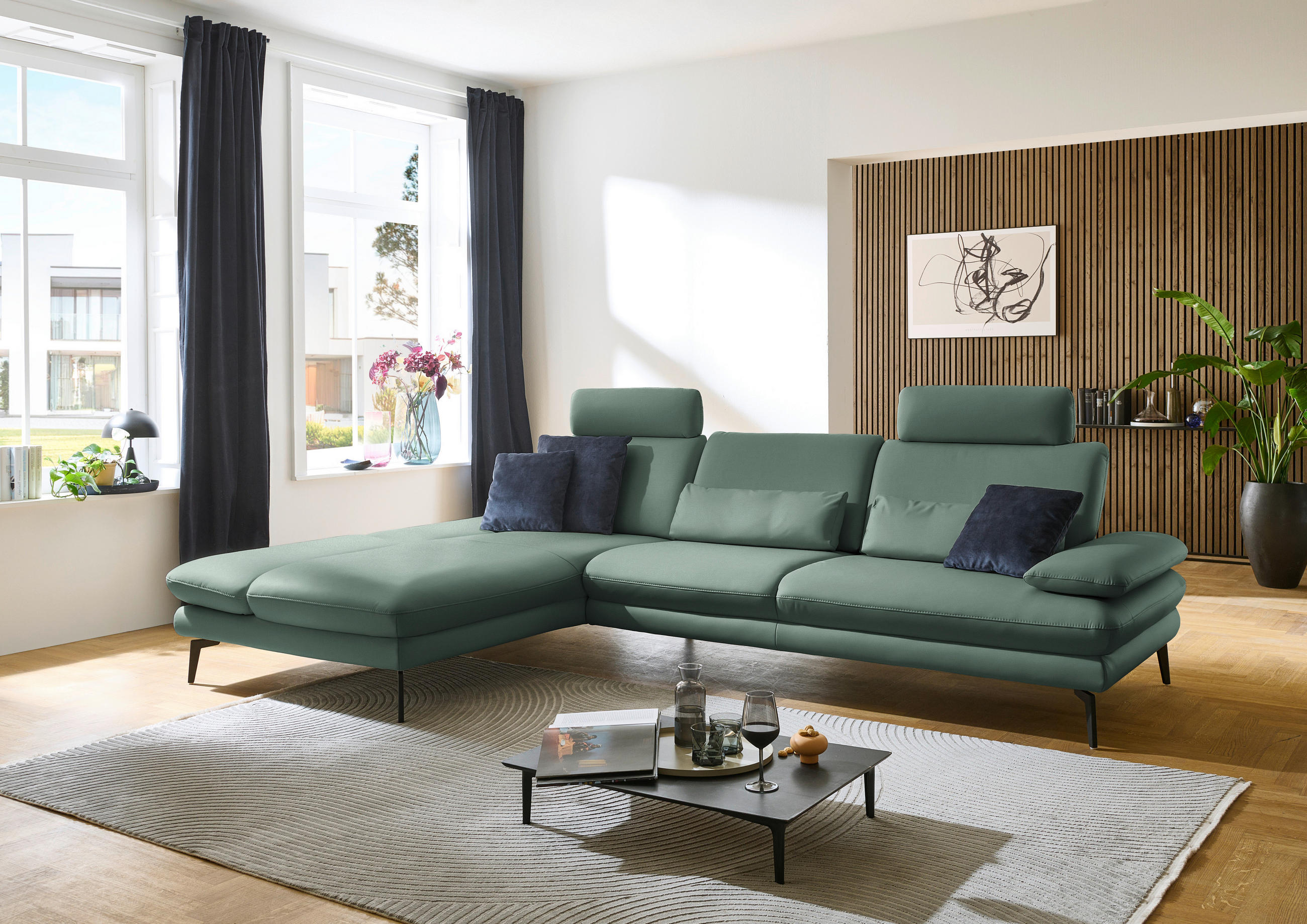 ECKSOFA in Echtleder Opal  - Opal/Schwarz, Design, Leder/Metall (195/308cm) - Dieter Knoll