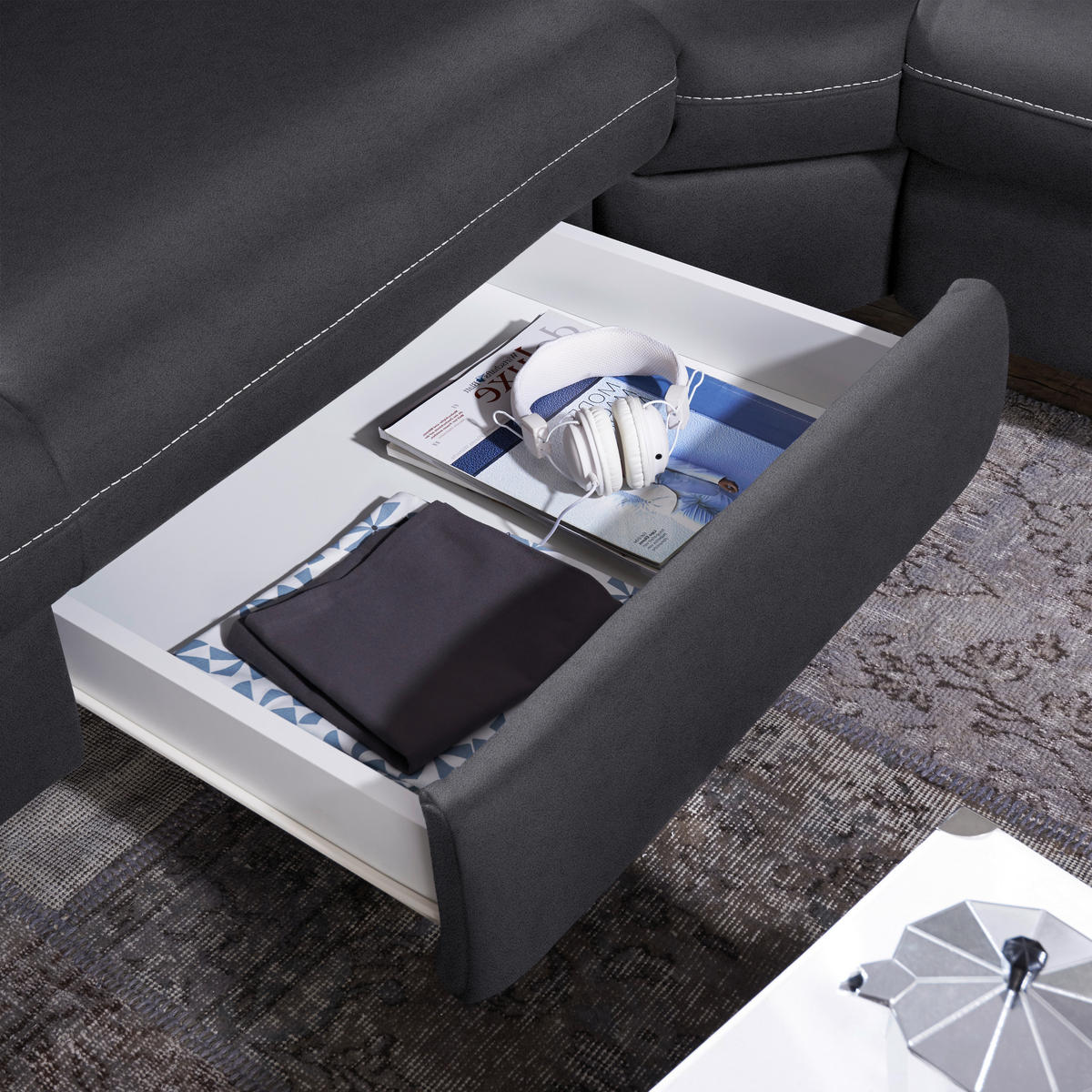 ECKSOFA in Flachgewebe, Mikrofaser Anthrazit  - Anthrazit/Beige, Design, Textil/Metall (239/271cm) - Cantus