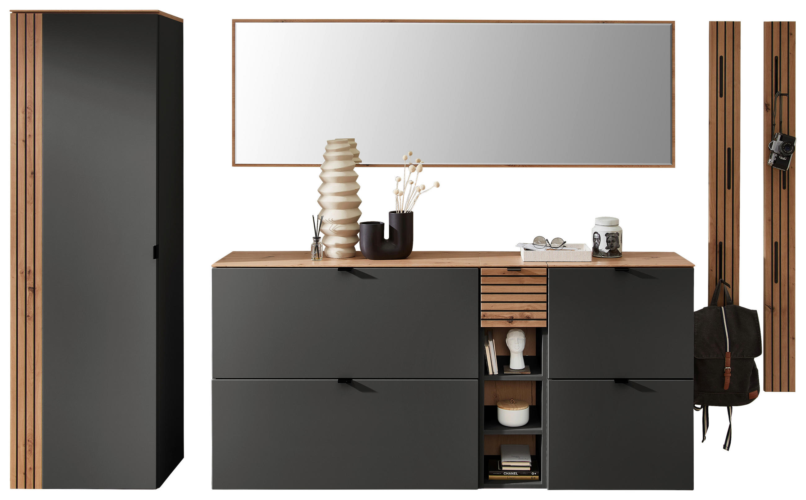 GARDEROBE 7-teilig in 305/179/37 cm - Graphitfarben/Eiche Artisan, Design, Holzwerkstoff (305/179/37cm) - Voleo