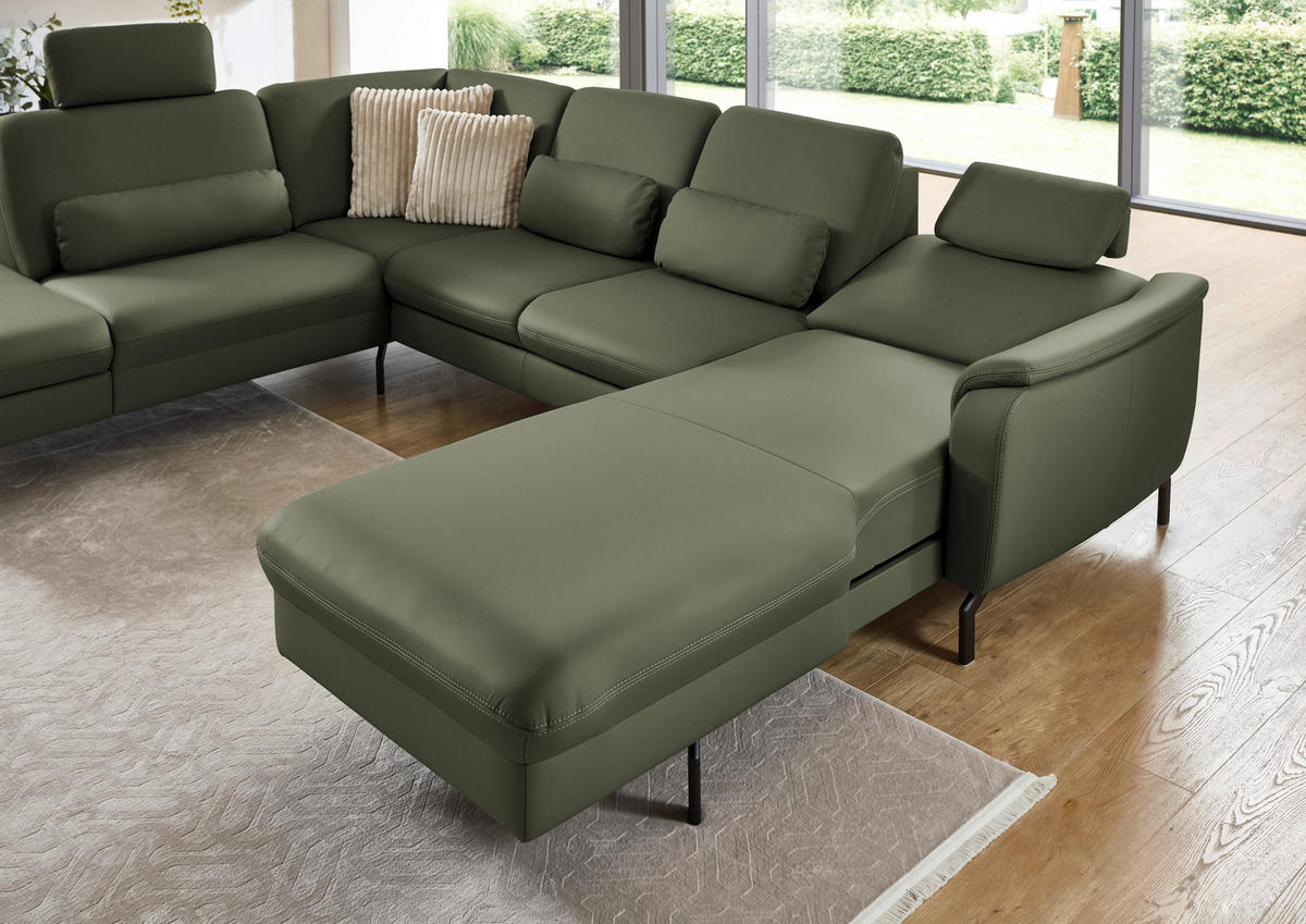 WOHNLANDSCHAFT Echtleder Olivgrün  - Schwarz/Olivgrün, Konventionell, Leder/Metall (224/306/168cm) - Beldomo Premium