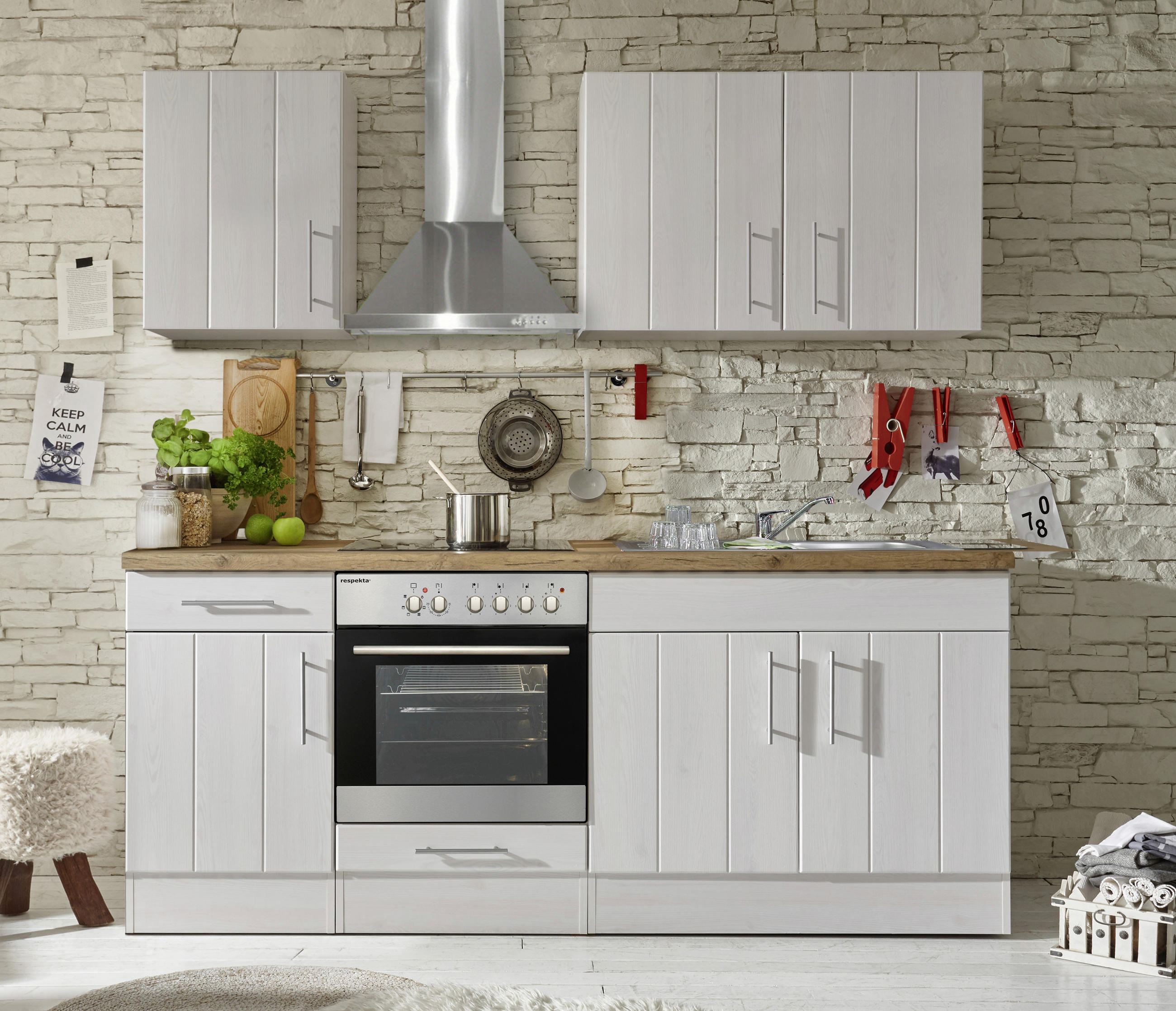KÜCHENBLOCK 210 cm Weiß, Lärchefarben E-Geräte, Spüle, Soft-Close-System, Ab- und Überlaufgarnitur - Wildeiche/Edelstahlfarben, ROMANTIK / LANDHAUS, Metall (210cm) - Respekta