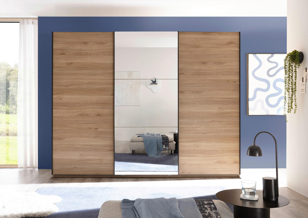 SCHWEBETÜRENSCHRANK in Eichefarben  - Eichefarben/Schwarz, Basics, Glas/Holzwerkstoff (270/210/60cm) - Livetastic