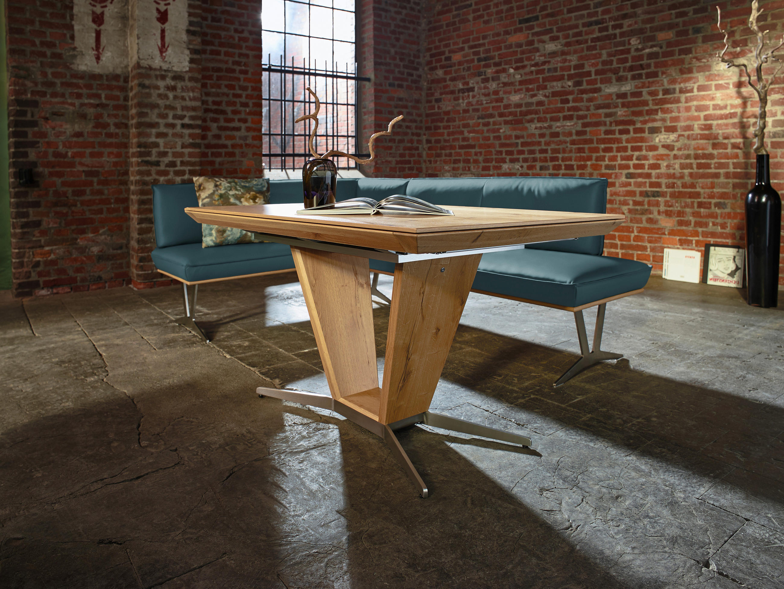 ECKBANK 162/257 cm in Blau, Grün - Blau/Edelstahlfarben, Design, Leder/Holz (162/257cm) - Ambiente