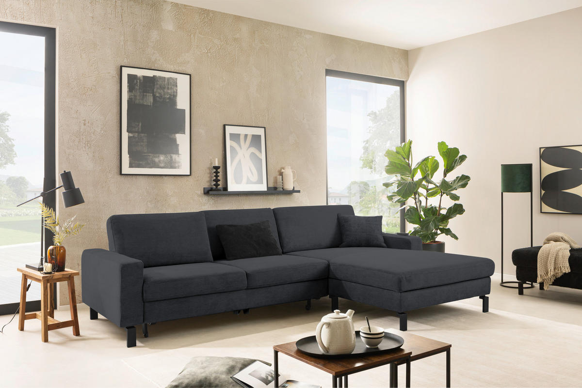 ECKSOFA in Cord Anthrazit  - Anthrazit/Schwarz, Design, Textil/Metall (298/185cm) - Pure Home Lifestyle