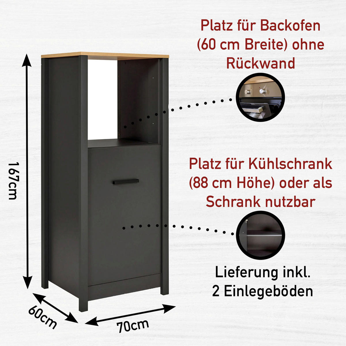 KÜCHENLEERBLOCK   in Anthrazit, Eiche Artisan  - Anthrazit/Schwarz, MODERN, Glas/Holzwerkstoff (370/167/60cm) - home24