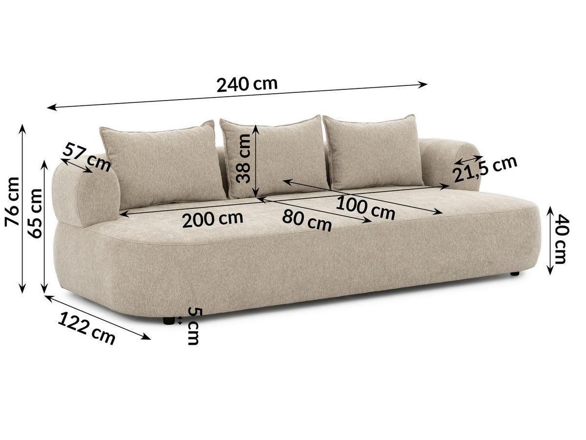 BIGSOFA in Chenille Beige  - Beige/Schwarz, Design, Kunststoff/Textil (240/76/122cm) - Livetastic